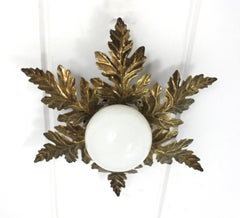 Sunburst Foliage Light Fixture aus vergoldetem Metall mit Milchglasglocke, Spanien 1950er Jahre
