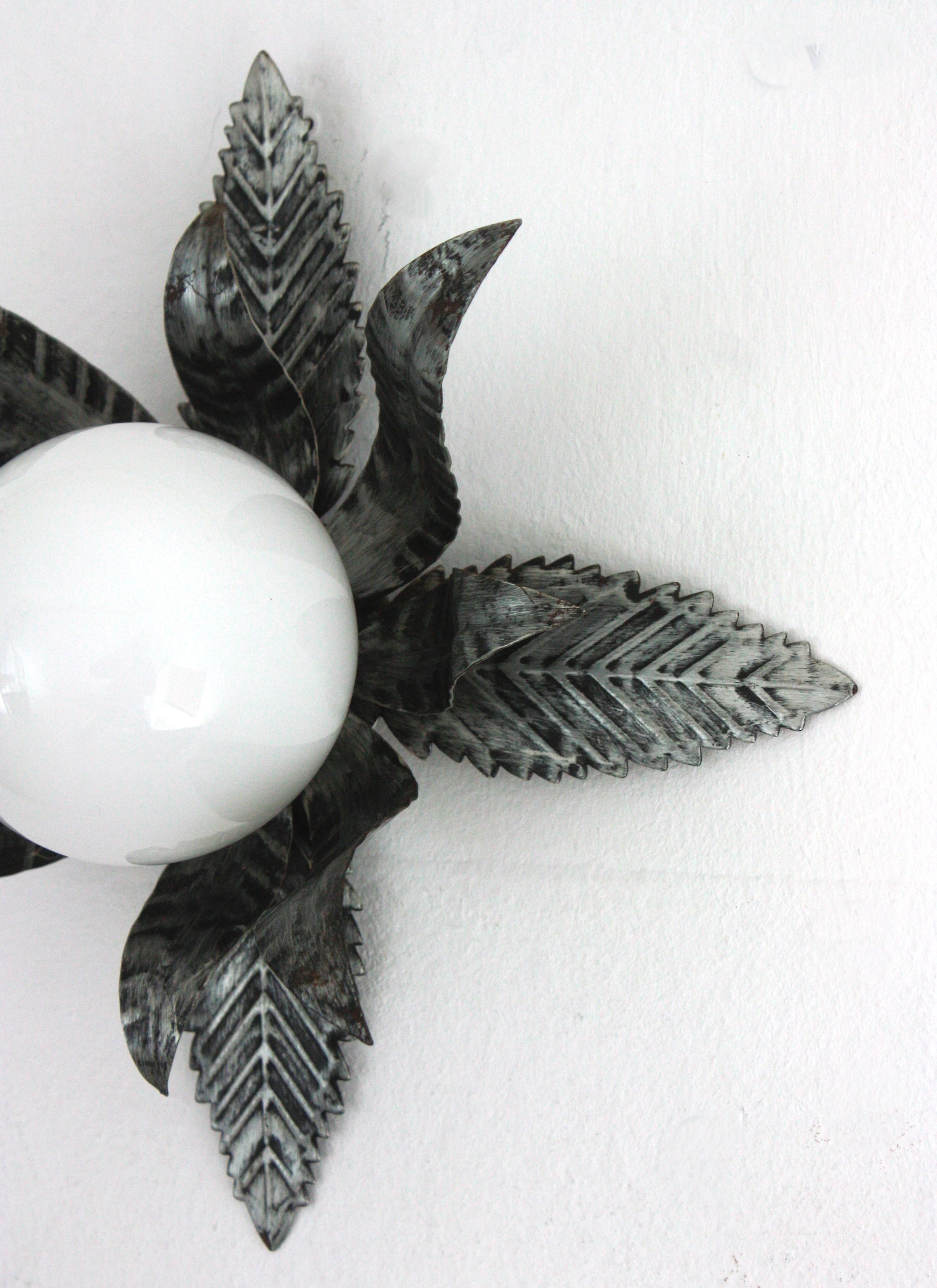 Sunburst Foliage Light Fixture in Silvered Metal and Milk Glass Globe For Sale 8