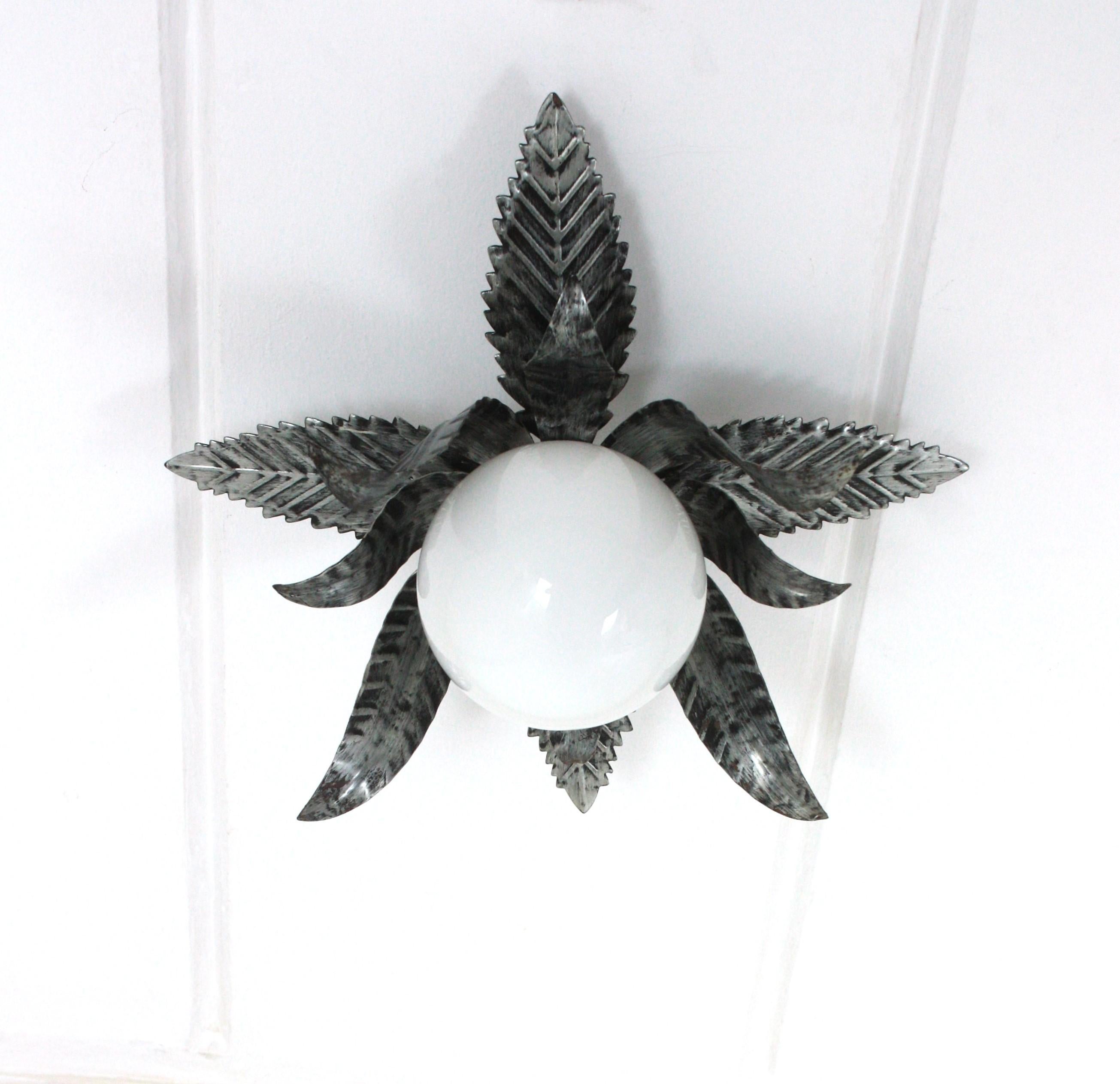 20th Century Sunburst Foliage Light Fixture in Silvered Metal and Milk Glass Globe For Sale