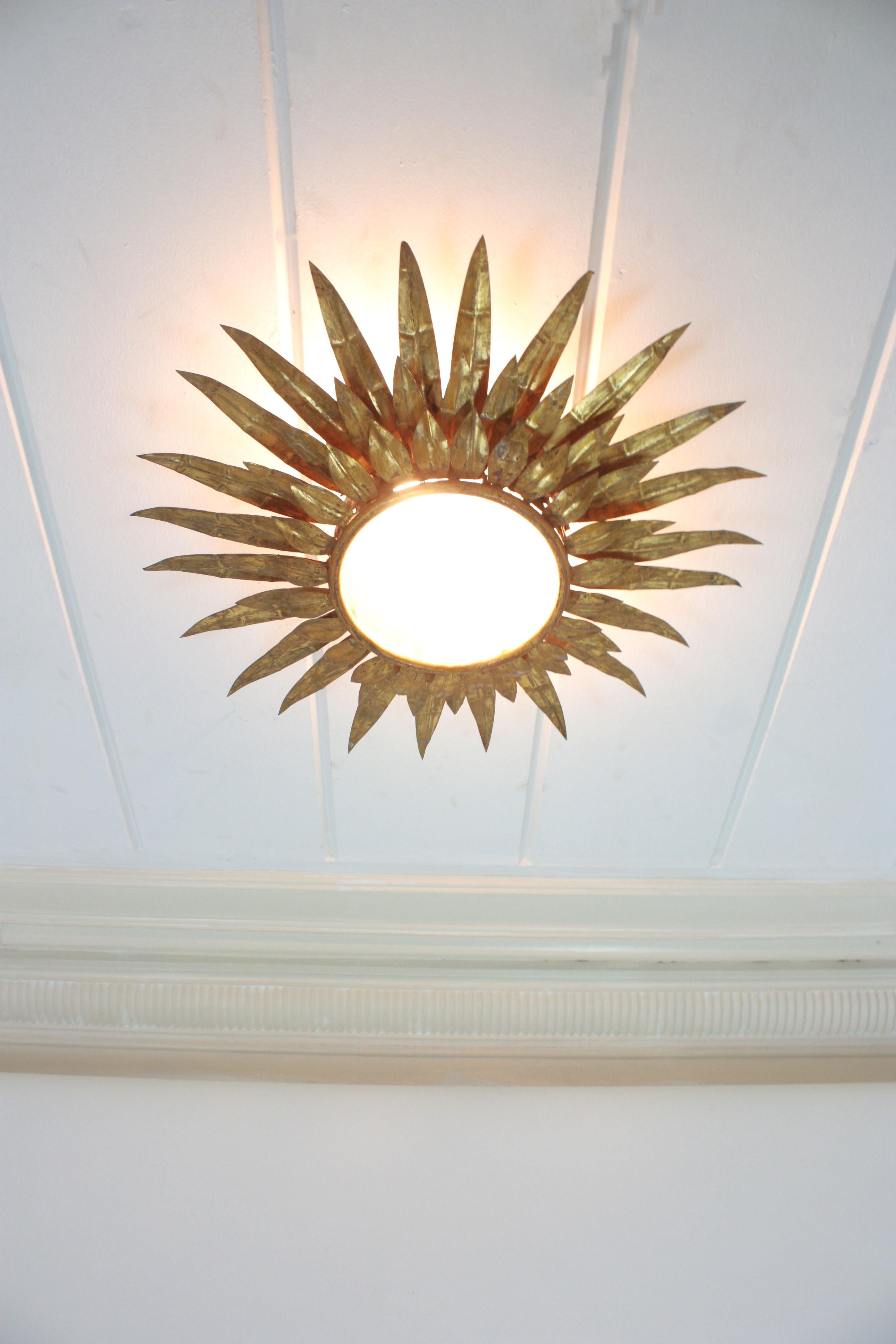 Lámpara de techo de triple capa de follaje Sunburst en hierro dorado, años 50 Francés en venta