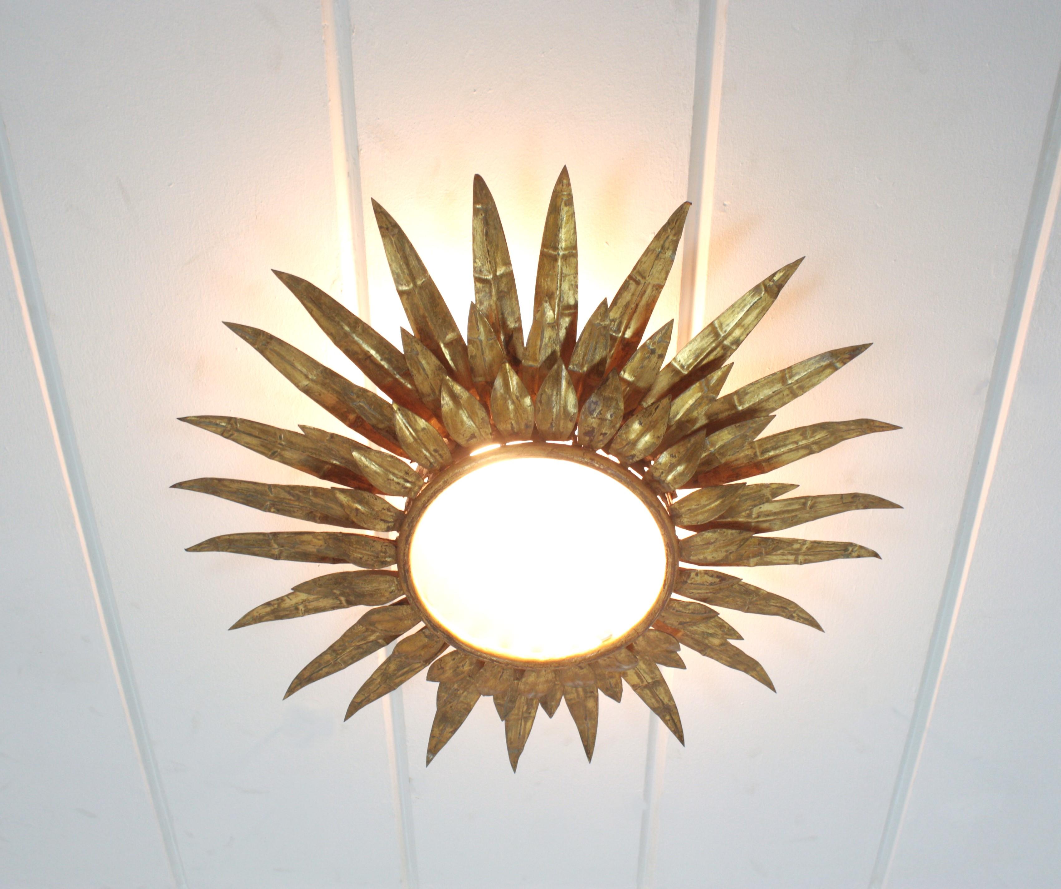 Lámpara de techo de triple capa de follaje Sunburst en hierro dorado, años 50 en Bueno estado para la venta en Barcelona, ES
