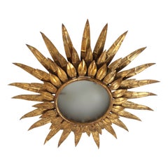 Sunburst Foliage Triple Layered Ceiling Light Fixture in Gilt Iron, 1950s