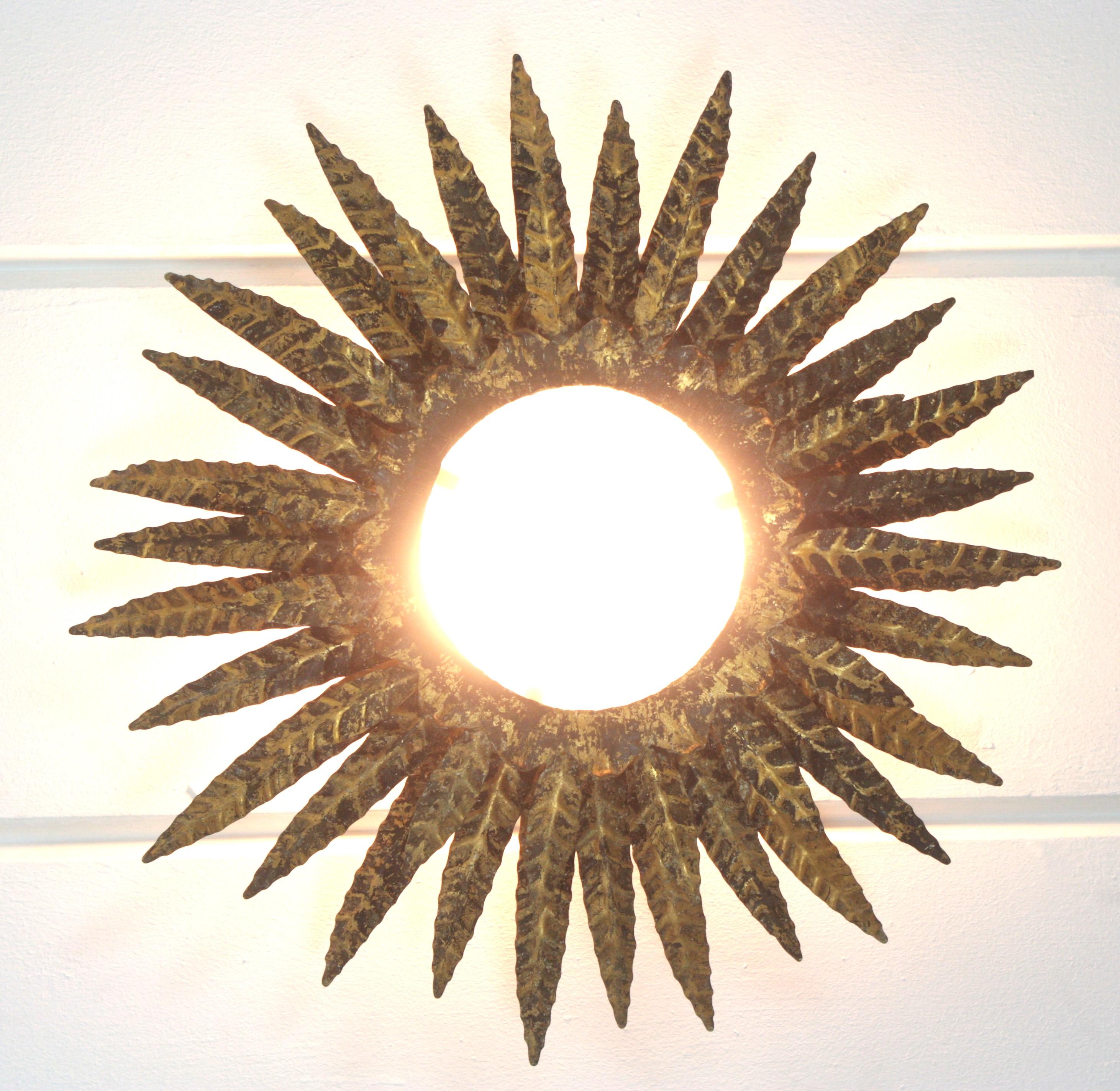 Sunburst Foliage Triple Layered Ceiling Light Fixture in Gilt Iron For Sale 3