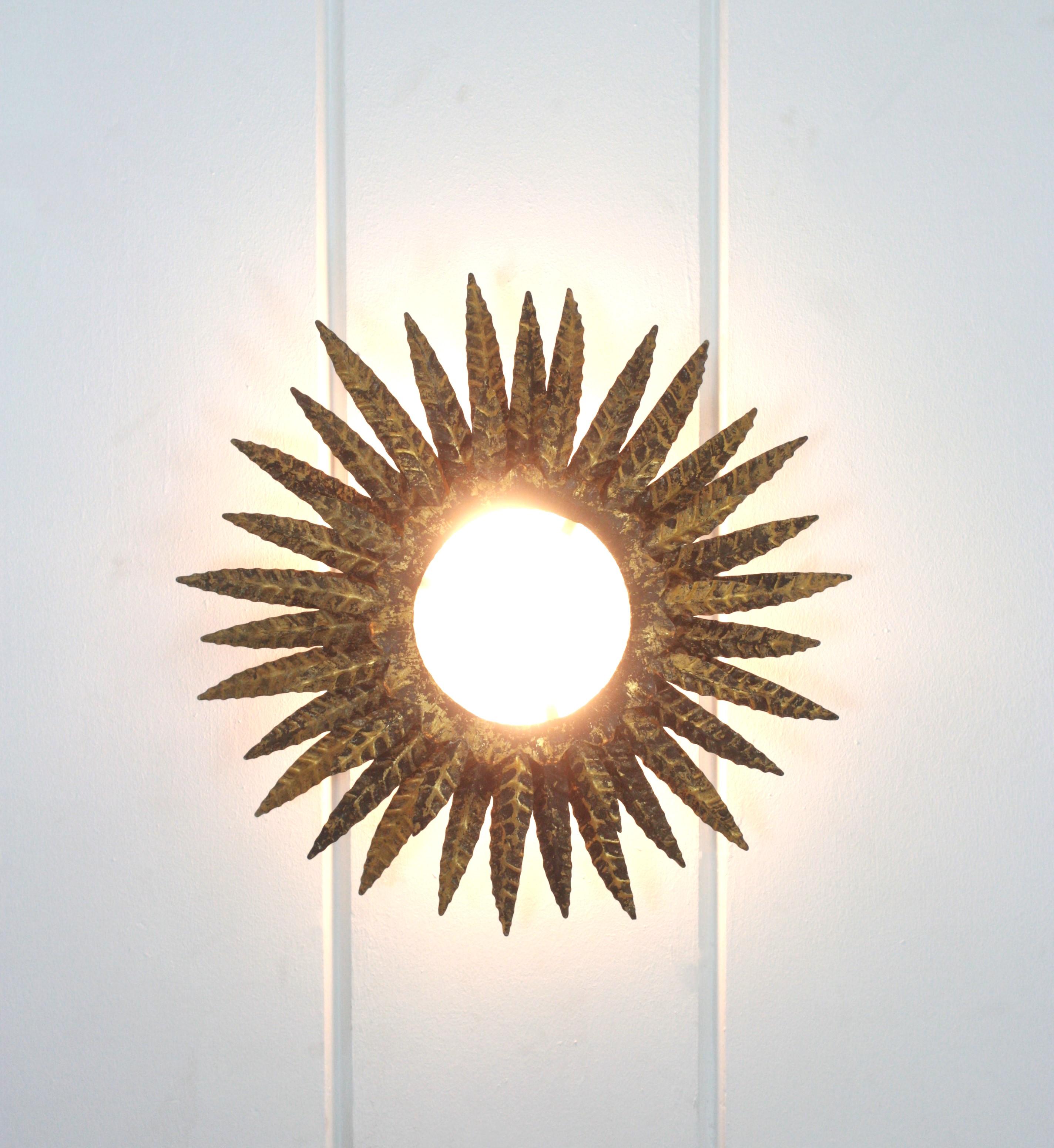 Sunburst Foliage Triple Layered Ceiling Light Fixture in Gilt Iron For Sale 4