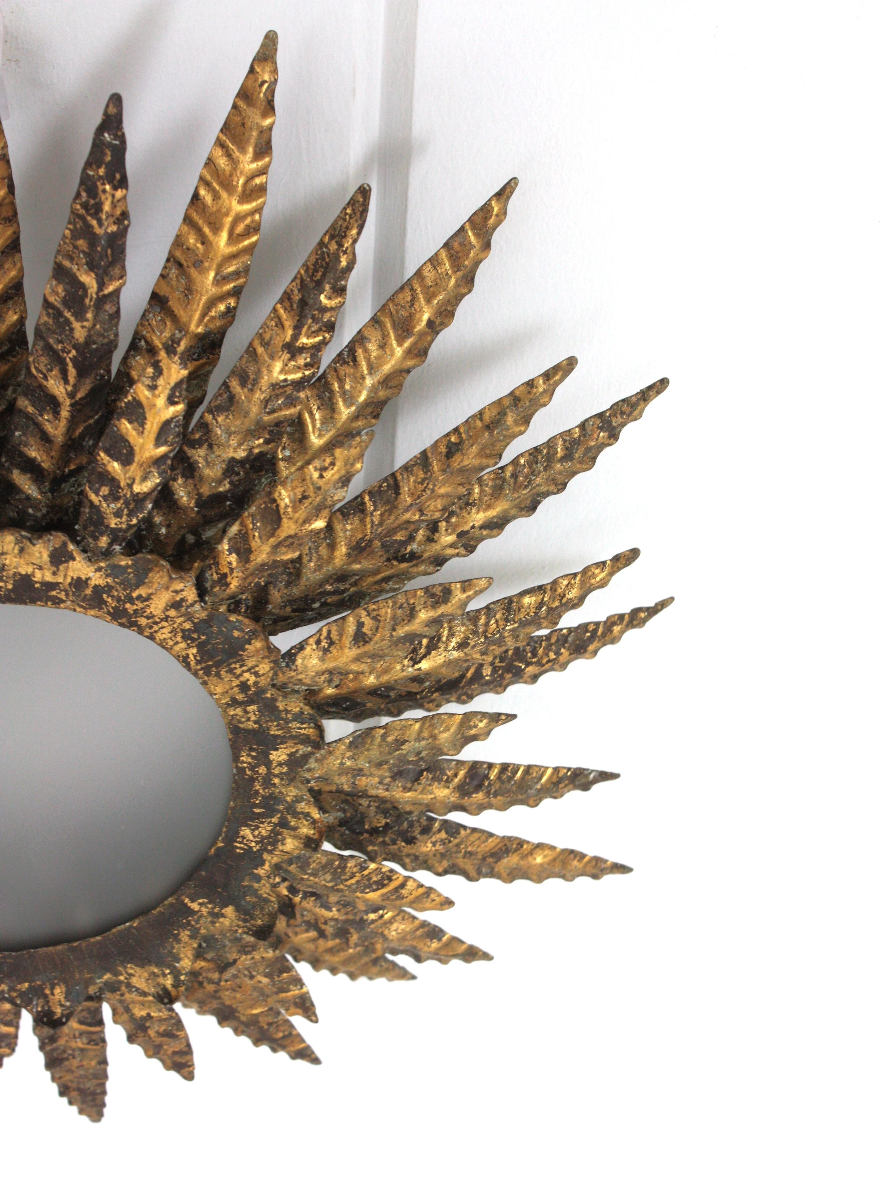 Sunburst Foliage Triple Layered Ceiling Light Fixture in Gilt Iron For Sale 8