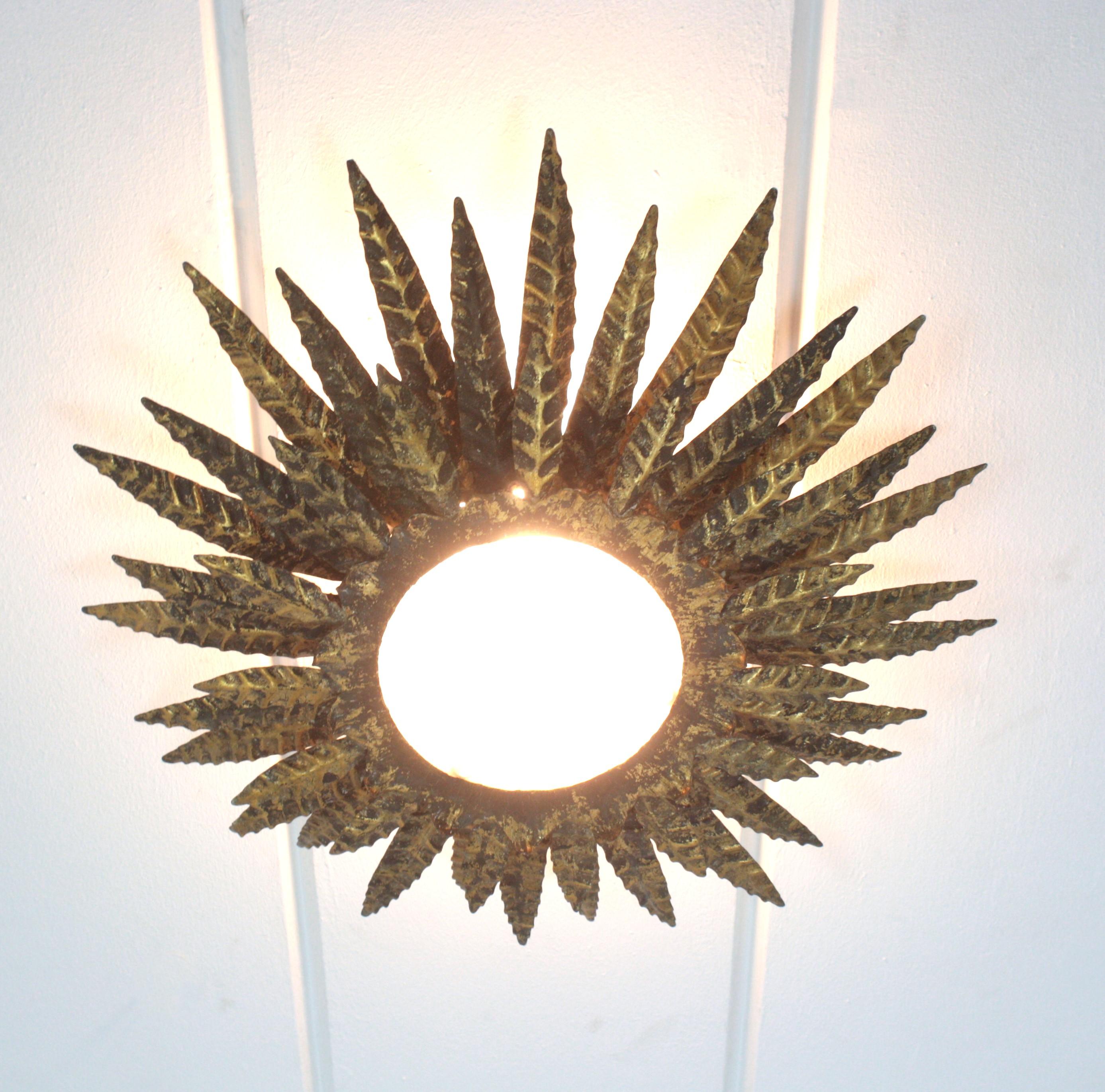 Mid-Century Modern Sunburst Foliage Triple Layered Ceiling Light Fixture in Gilt Iron For Sale
