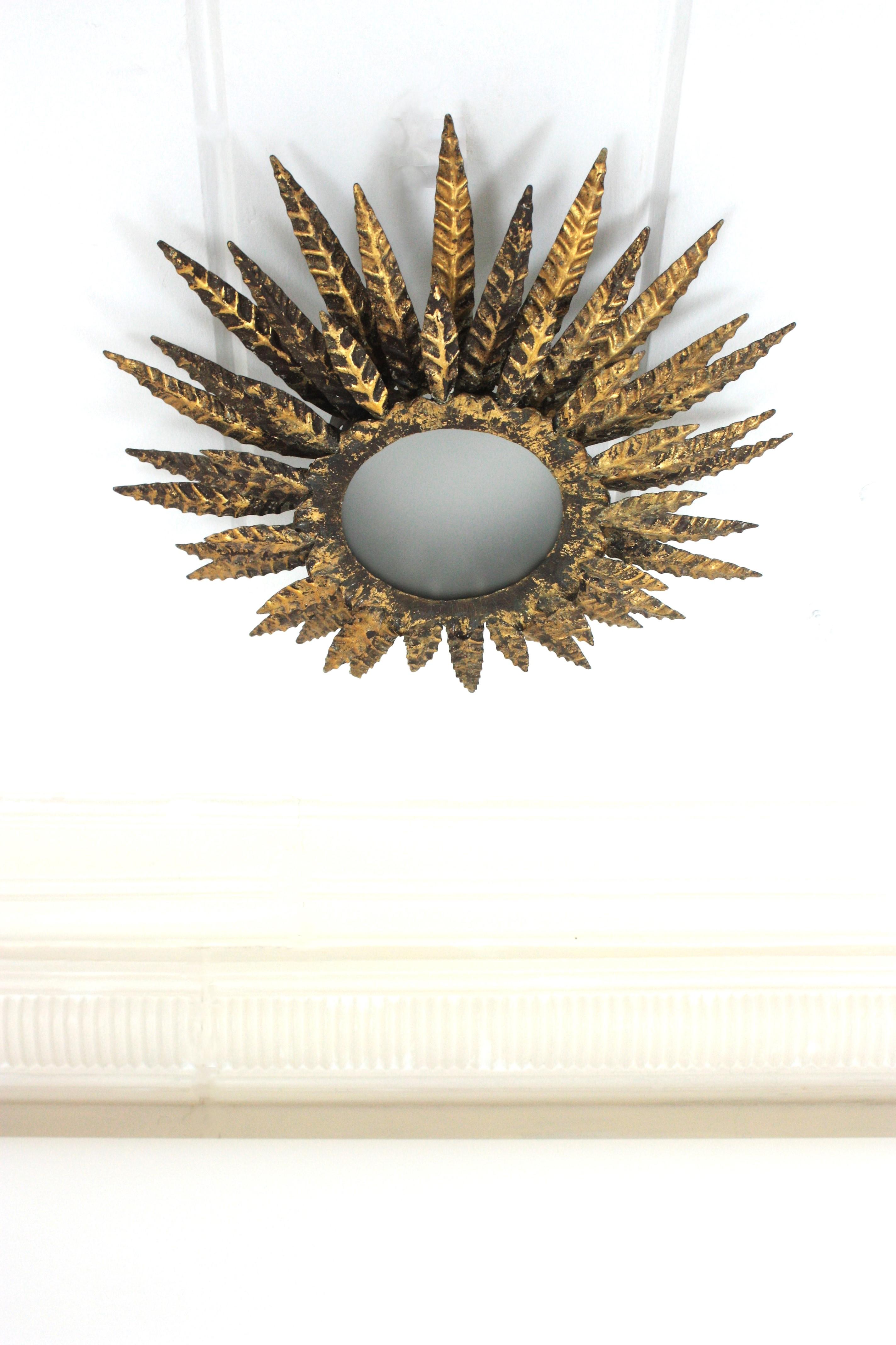 French Sunburst Foliage Triple Layered Ceiling Light Fixture in Gilt Iron For Sale