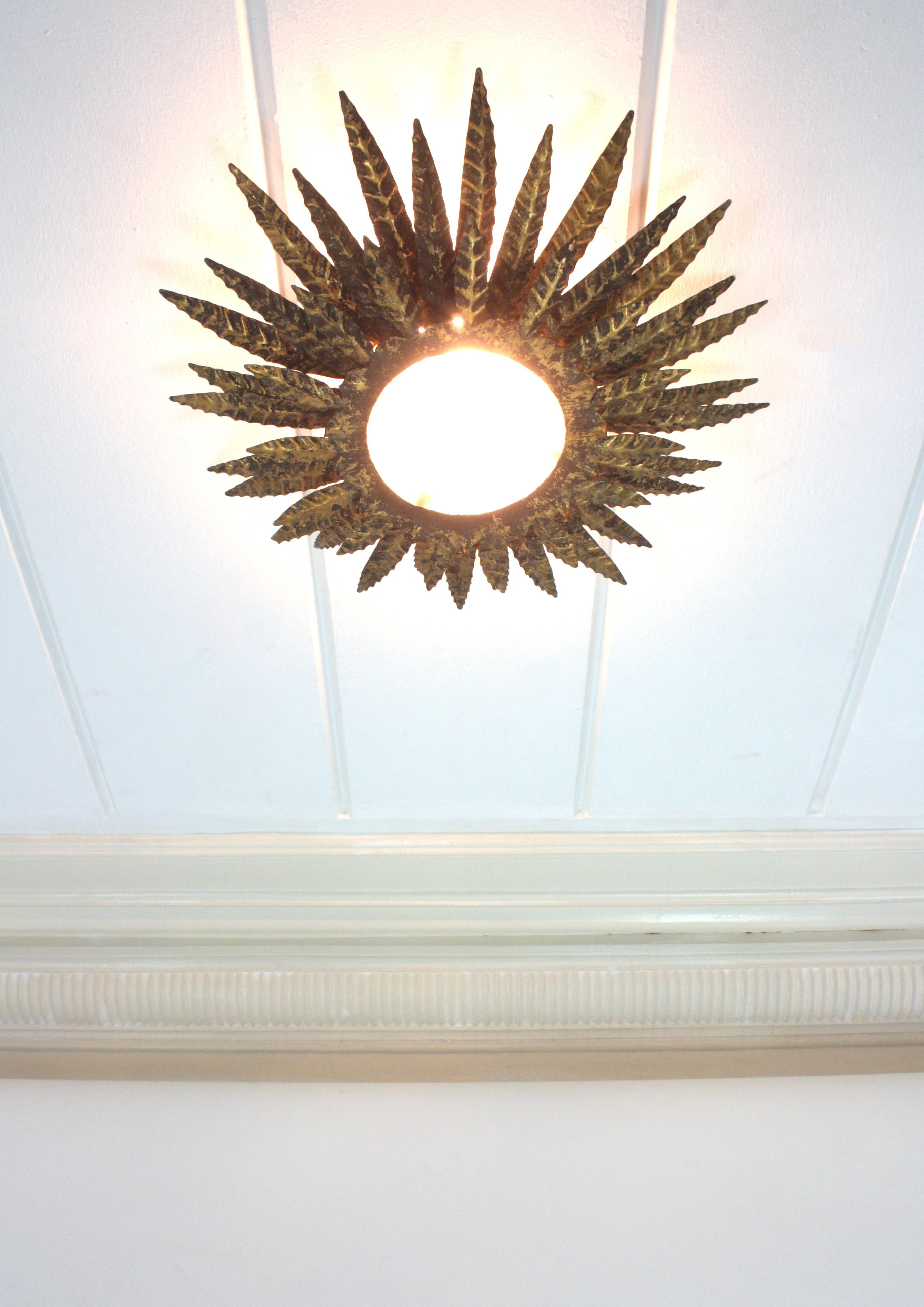 Glass Sunburst Foliage Triple Layered Ceiling Light Fixture in Gilt Iron For Sale