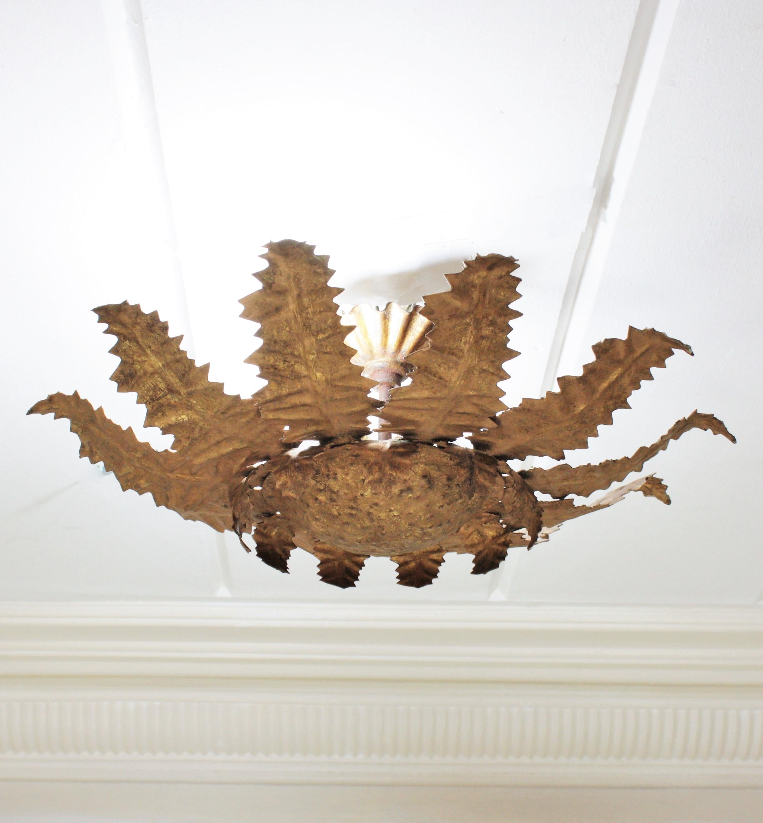 French Sunburst Leafed Light Fixture in Gilt Iron, 1950s For Sale 4