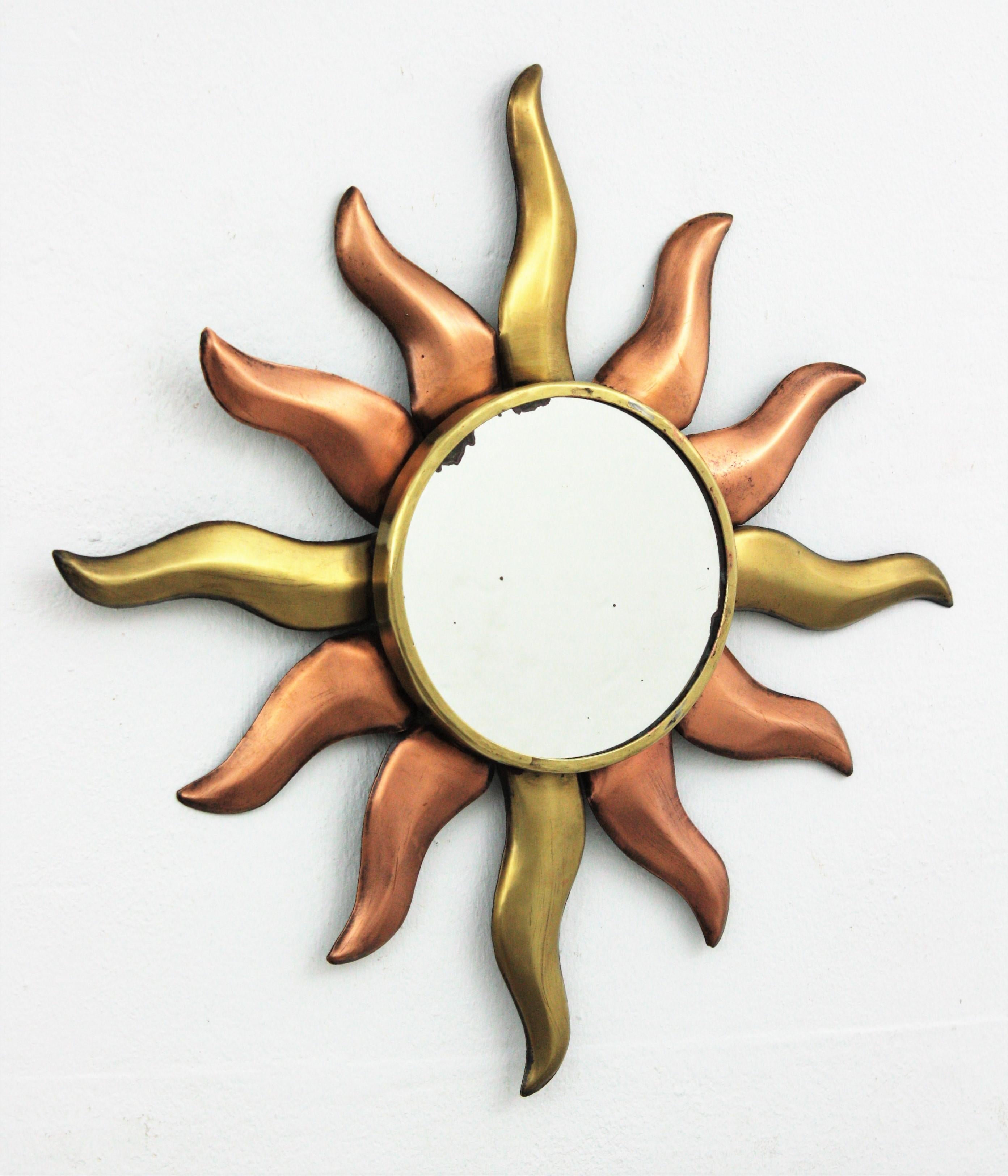 Art Deco French Sunburst Mirror in Copper and Brass