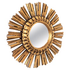 Sunburst French Small Giltwood Mirror in Baroque Style, 1940s