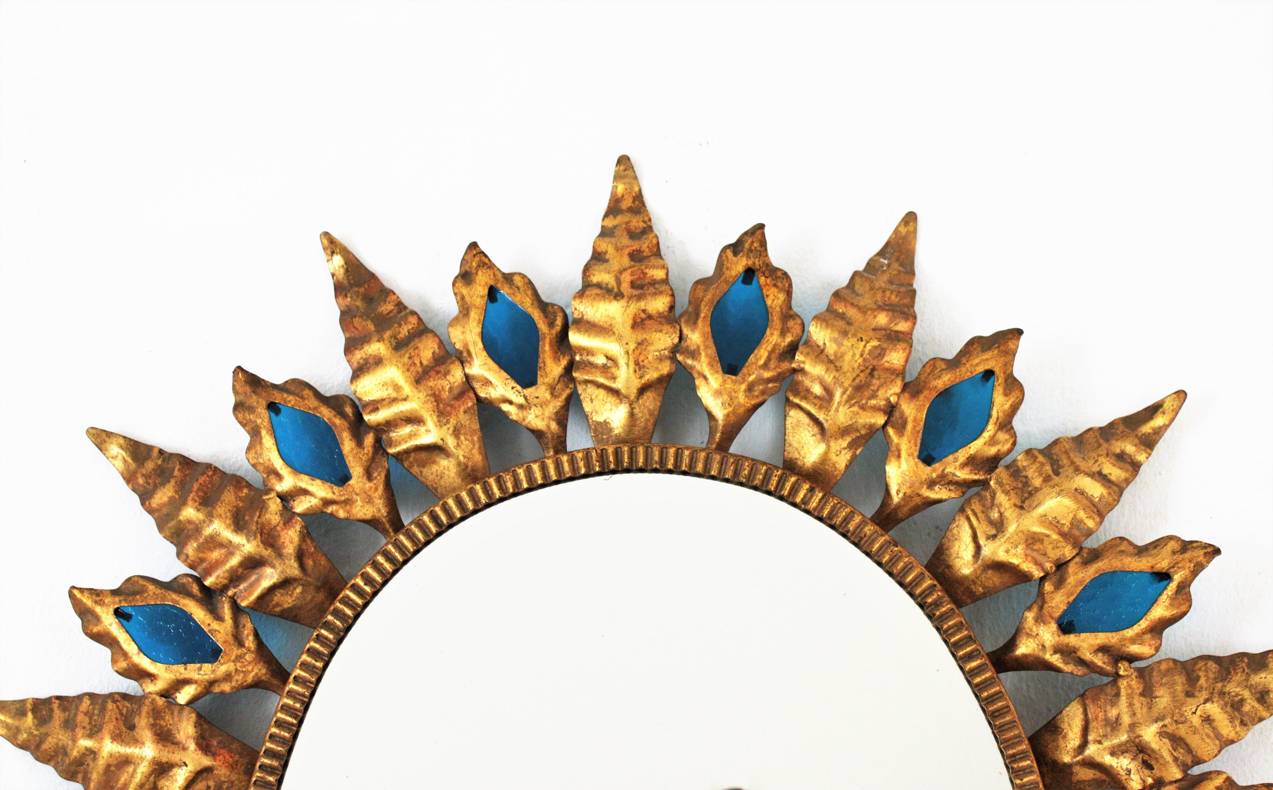 Sunburst Mirror with Blue Glasses, Gilt Iron, Hollywood Regency Style 4
