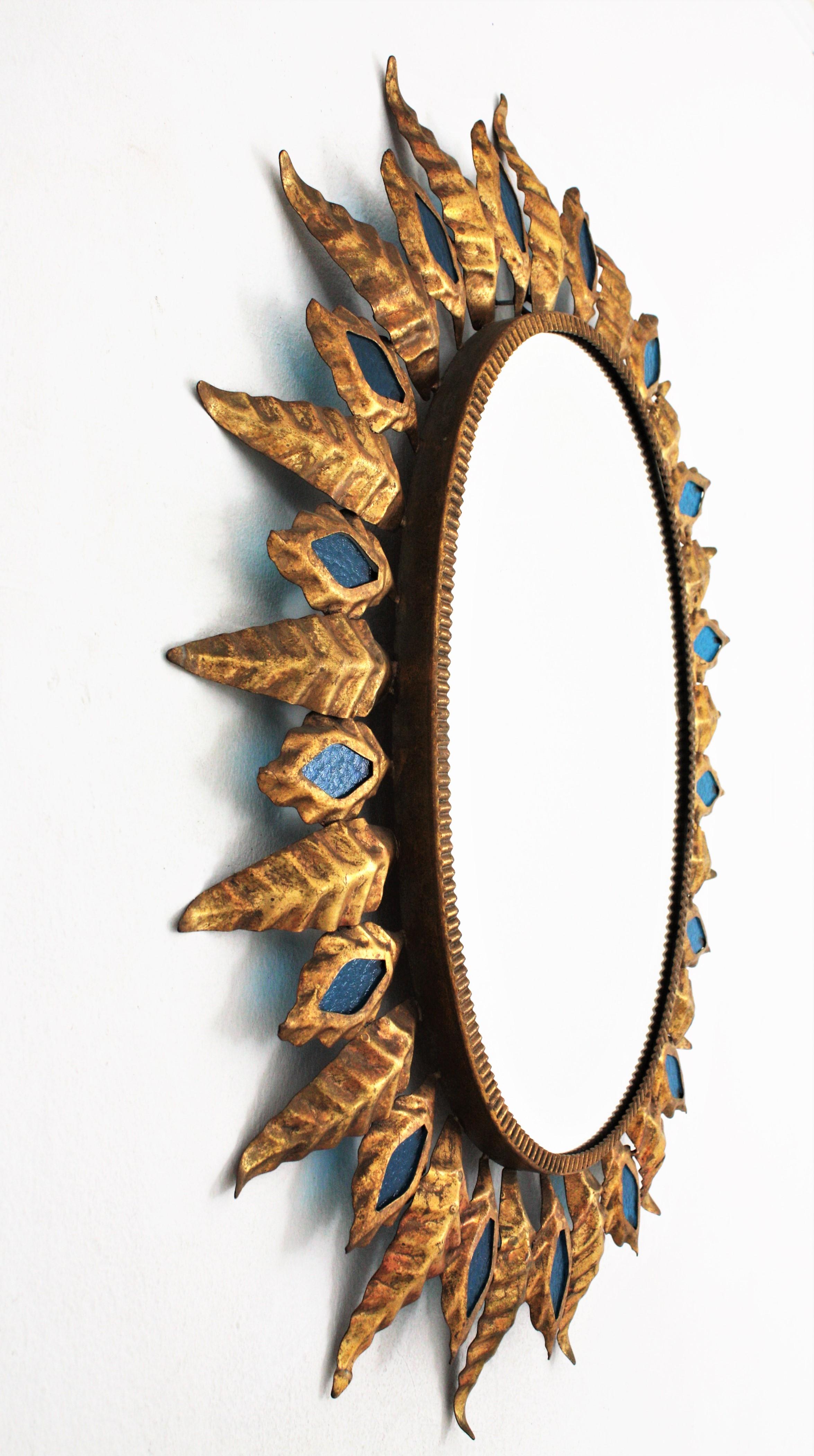 20th Century Sunburst Mirror with Blue Glasses, Gilt Iron, Hollywood Regency Style