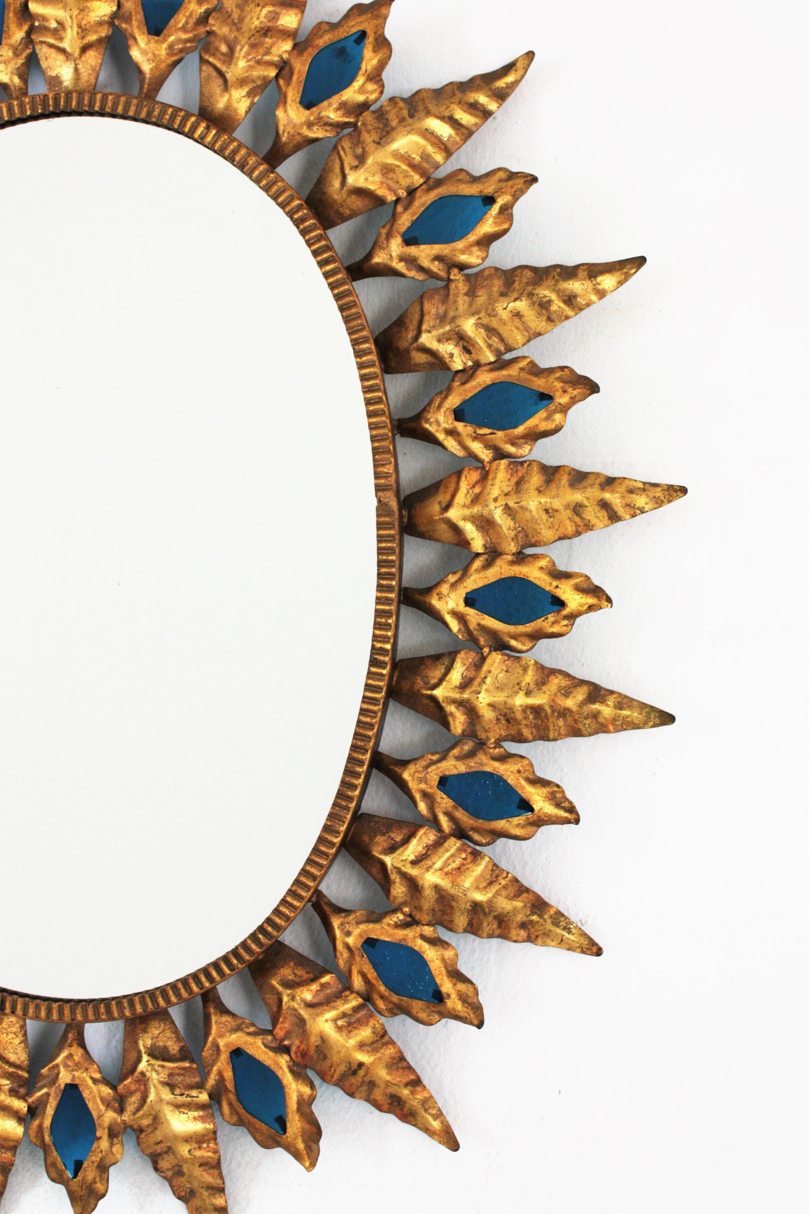 Sunburst Mirror with Blue Glasses, Gilt Iron, Hollywood Regency Style 1