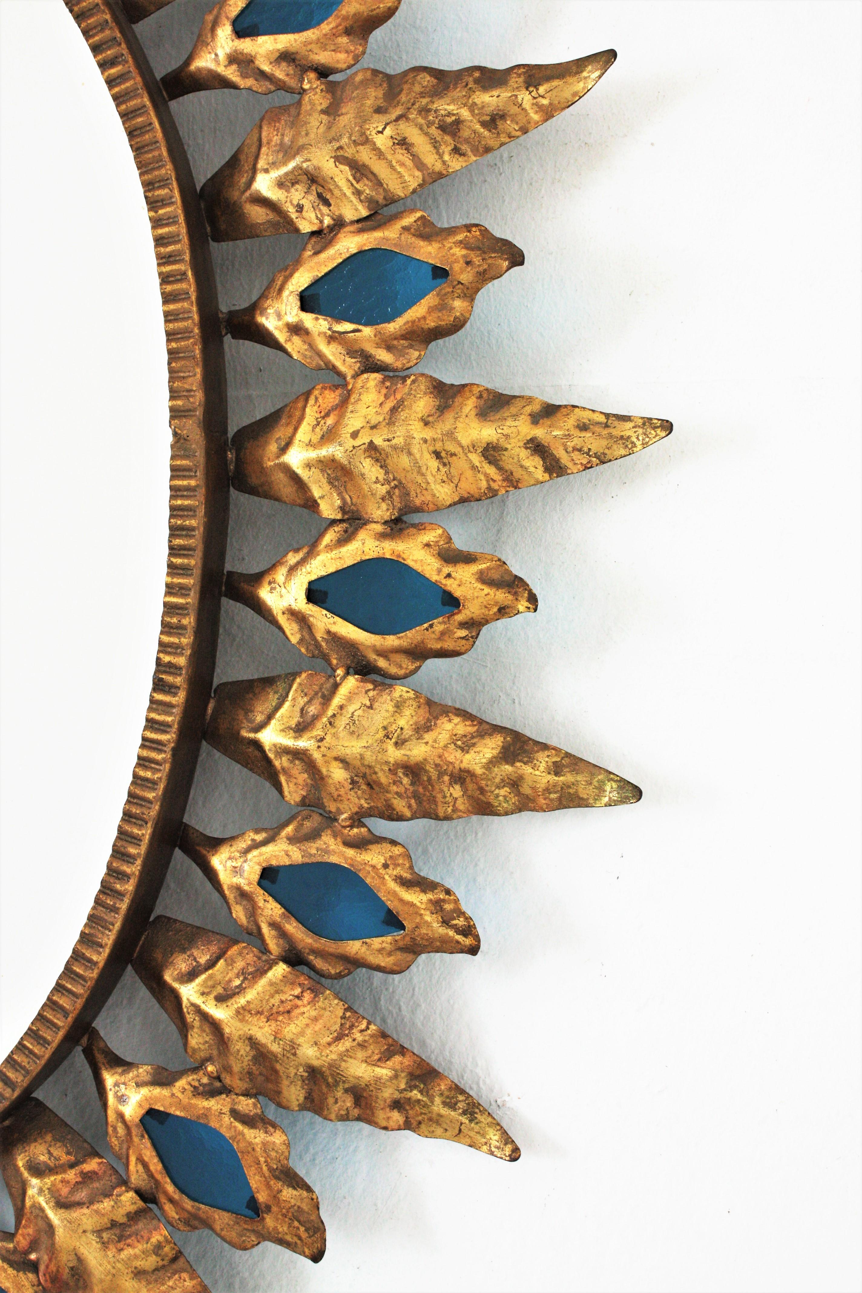 Sunburst Mirror with Blue Glasses, Gilt Iron, Hollywood Regency Style 2