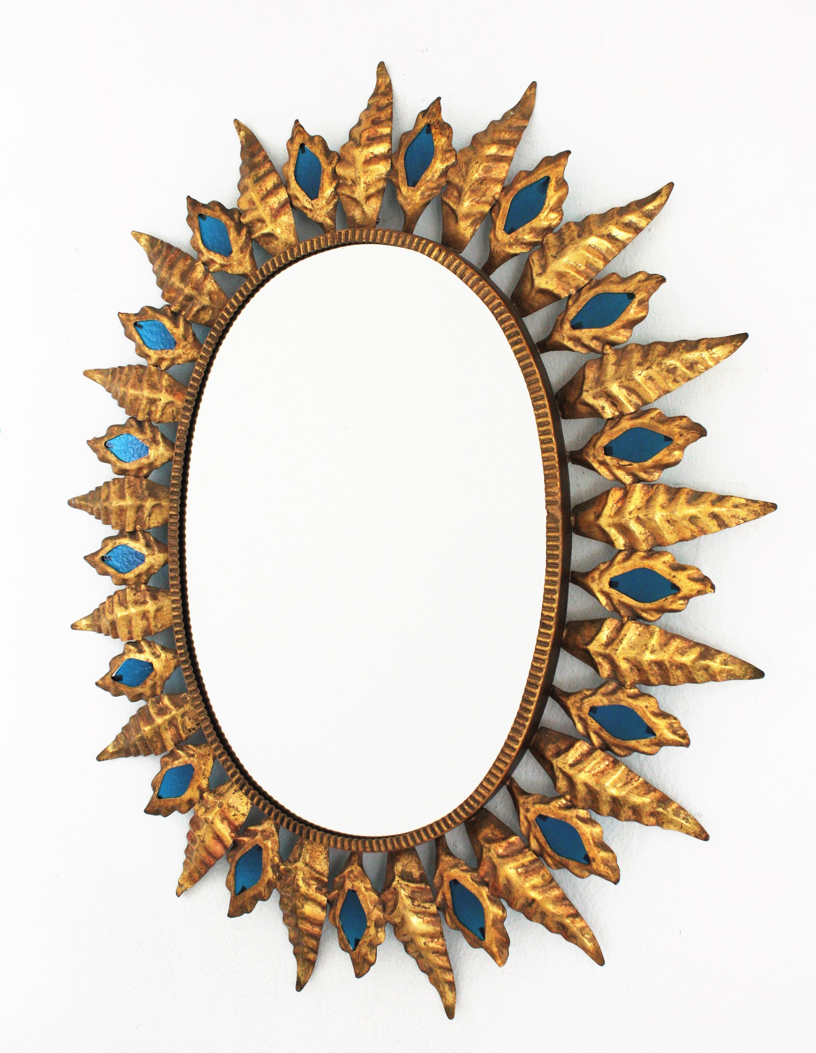 Sunburst Mirror with Blue Glasses, Gilt Iron, Hollywood Regency Style 3