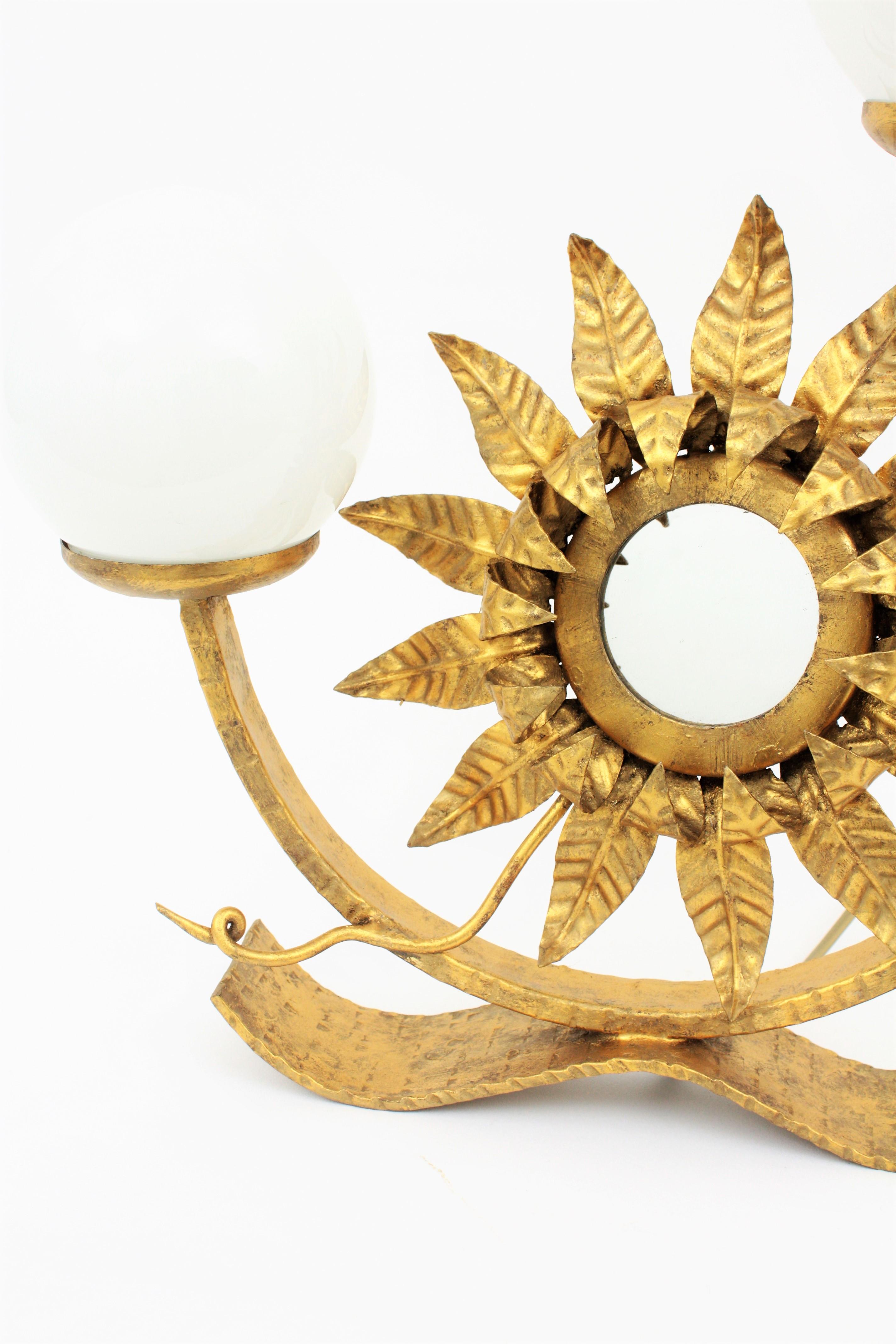 Sunburst Table Lamp with Mirror in Gilt Iron with Milk Glass Globes 2