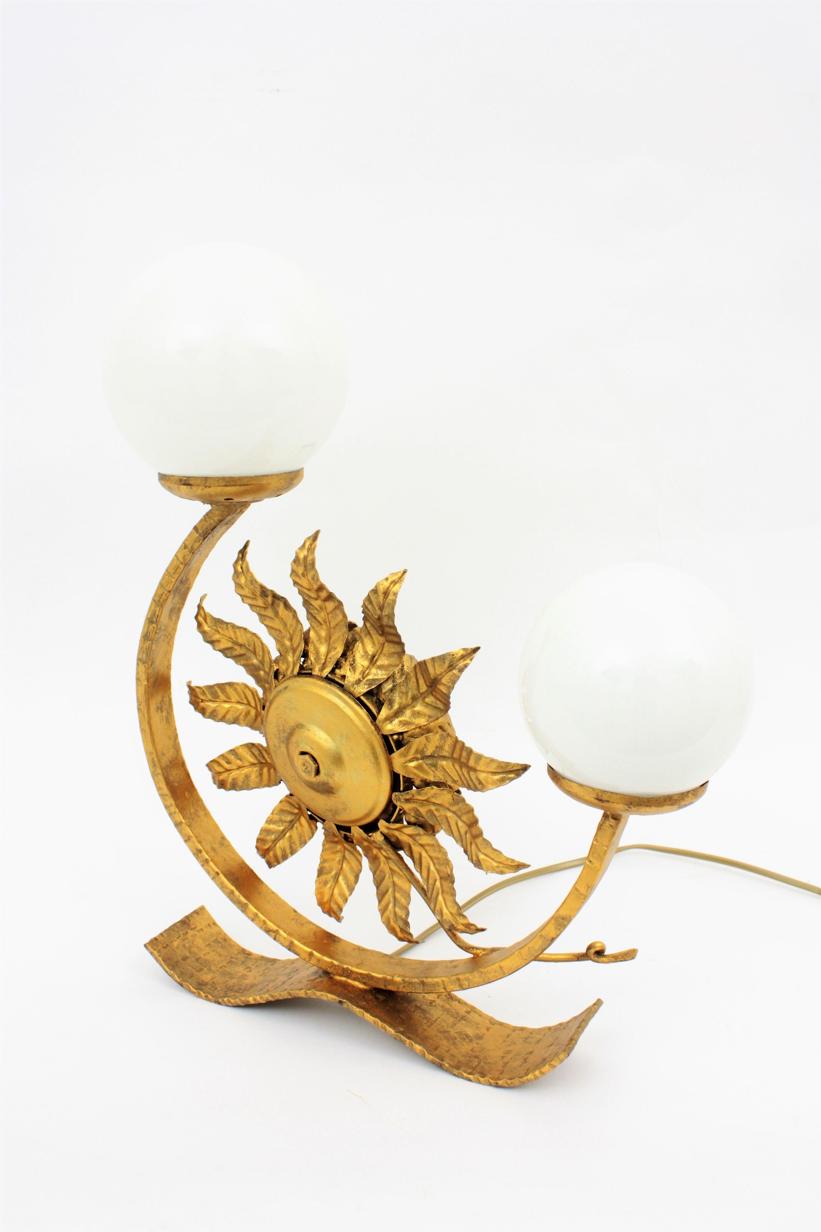 Sunburst Table Lamp with Mirror in Gilt Iron with Milk Glass Globes 4