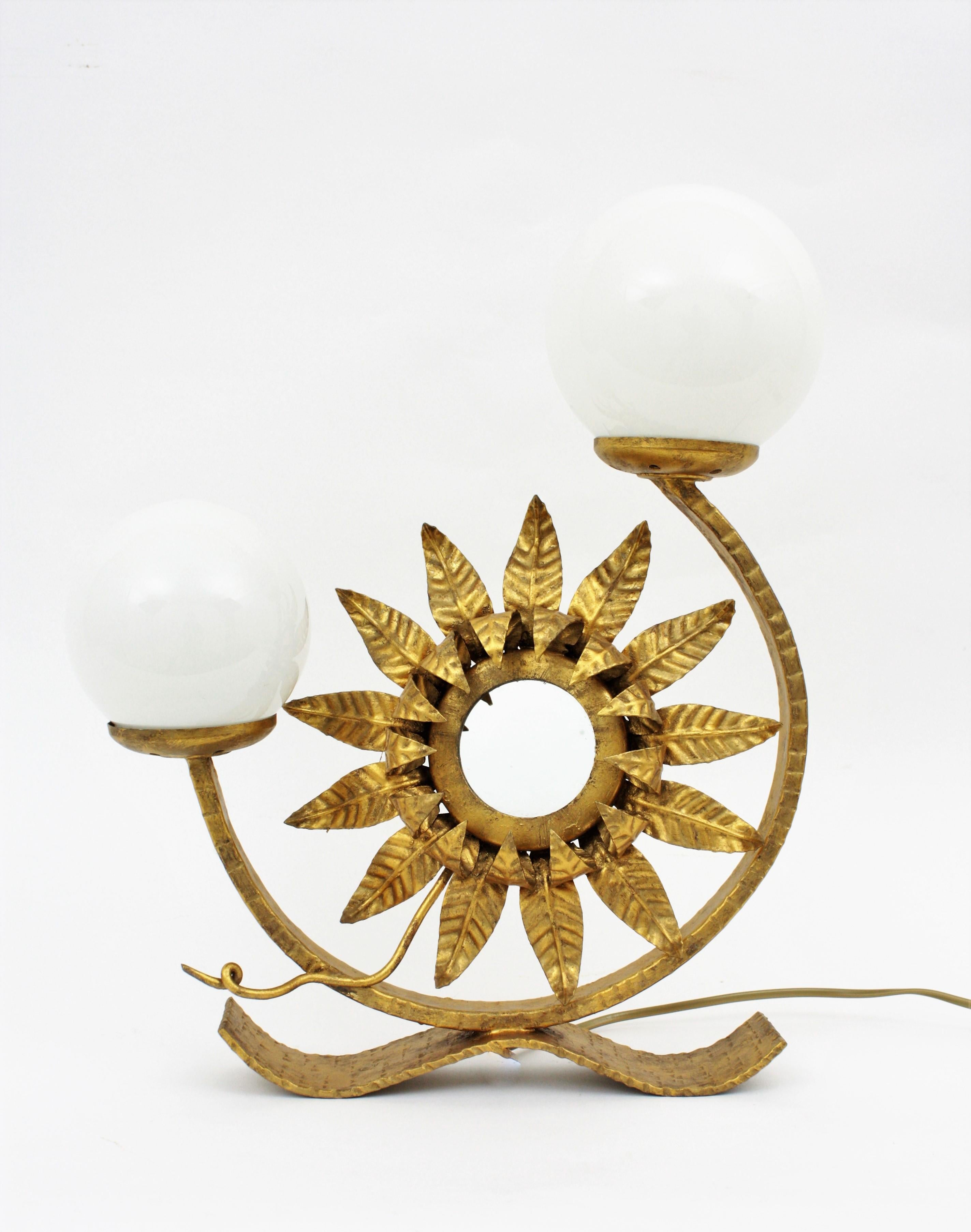 Mid-Century Modern Sunburst Table Lamp with Mirror in Gilt Iron with Milk Glass Globes