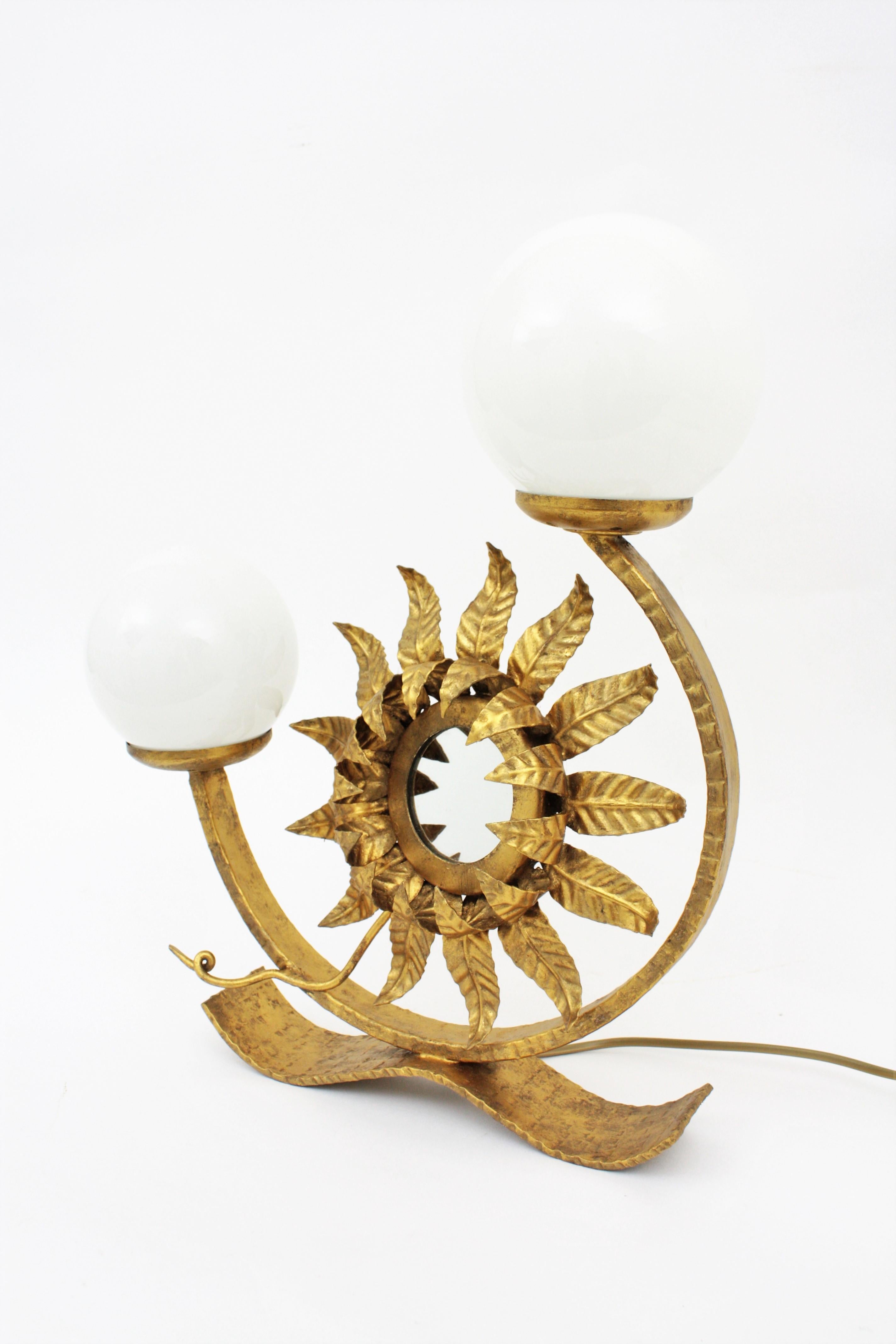 Spanish Sunburst Table Lamp with Mirror in Gilt Iron with Milk Glass Globes