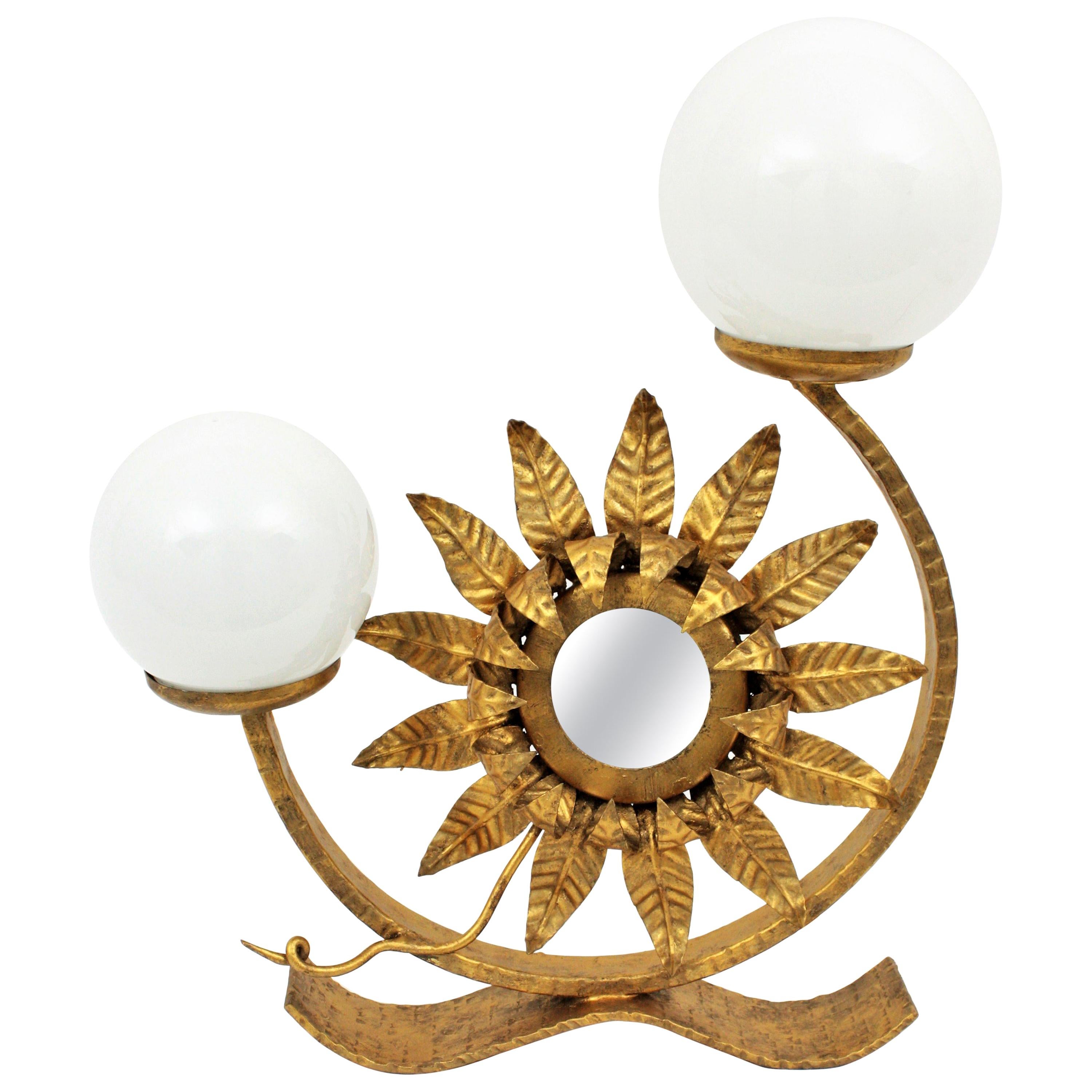 Sunburst Table Lamp with Mirror in Gilt Iron with Milk Glass Globes