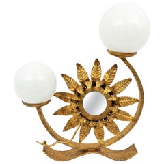 Sunburst Table Lamp with Mirror in Gilt Iron with Milk Glass Globes