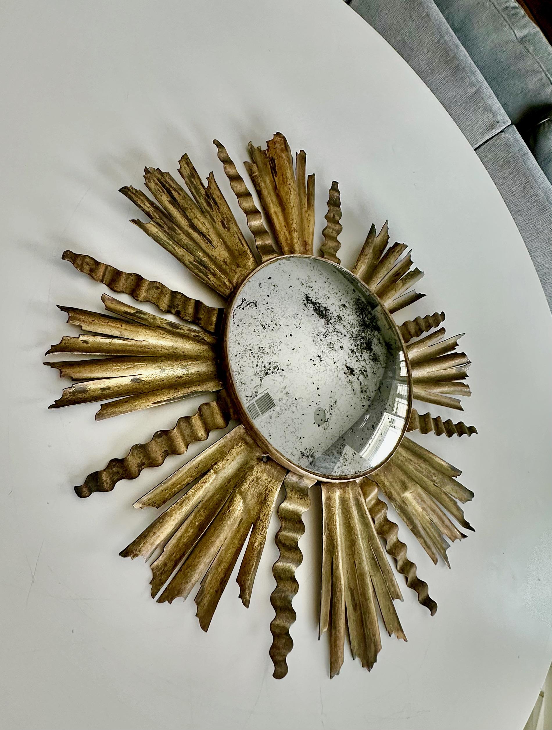 American Sunburst Gilt Metal Oval Convex Wall Art Mirror For Sale