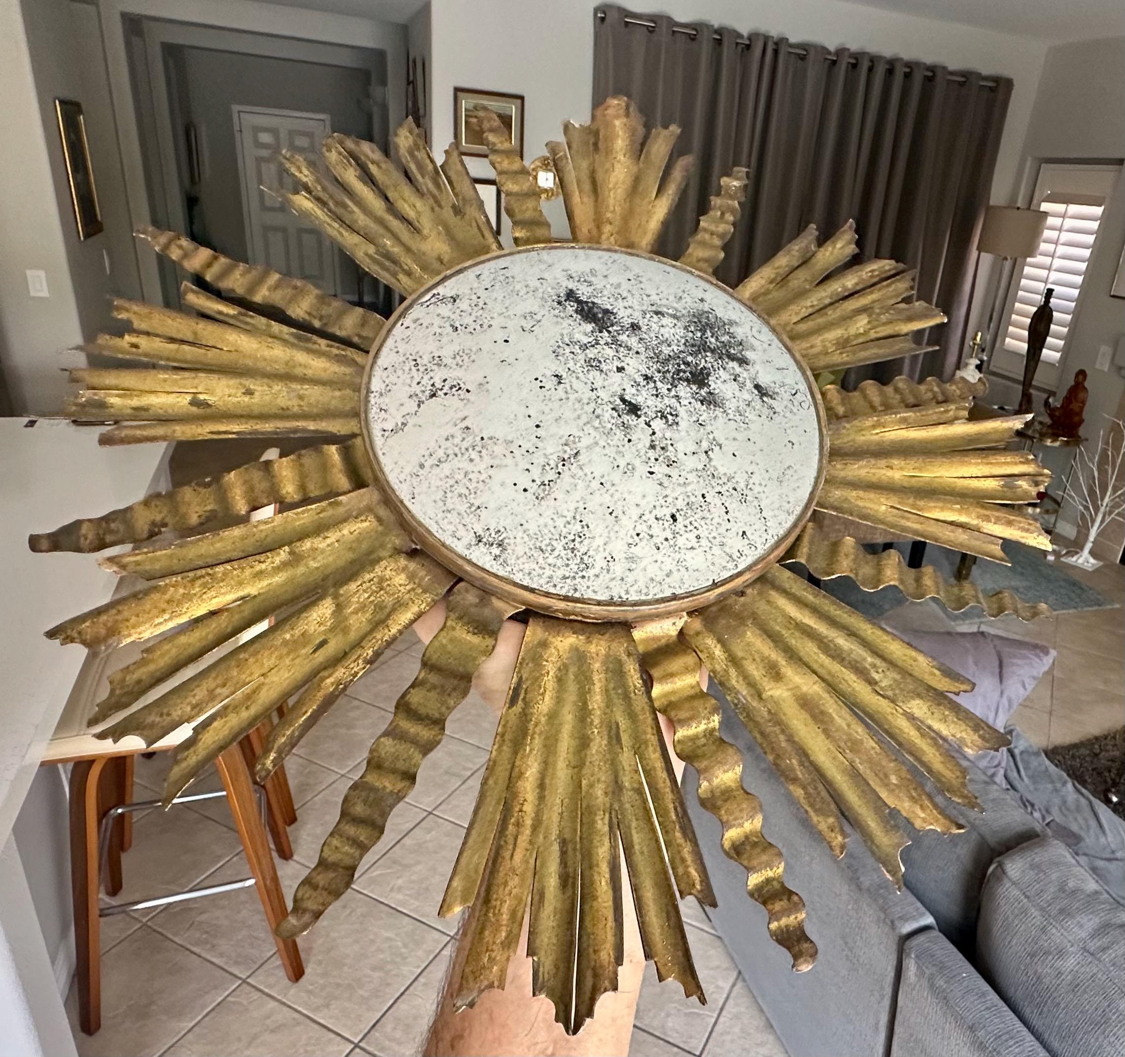 Steel Sunburst Gilt Metal Oval Convex Wall Art Mirror For Sale