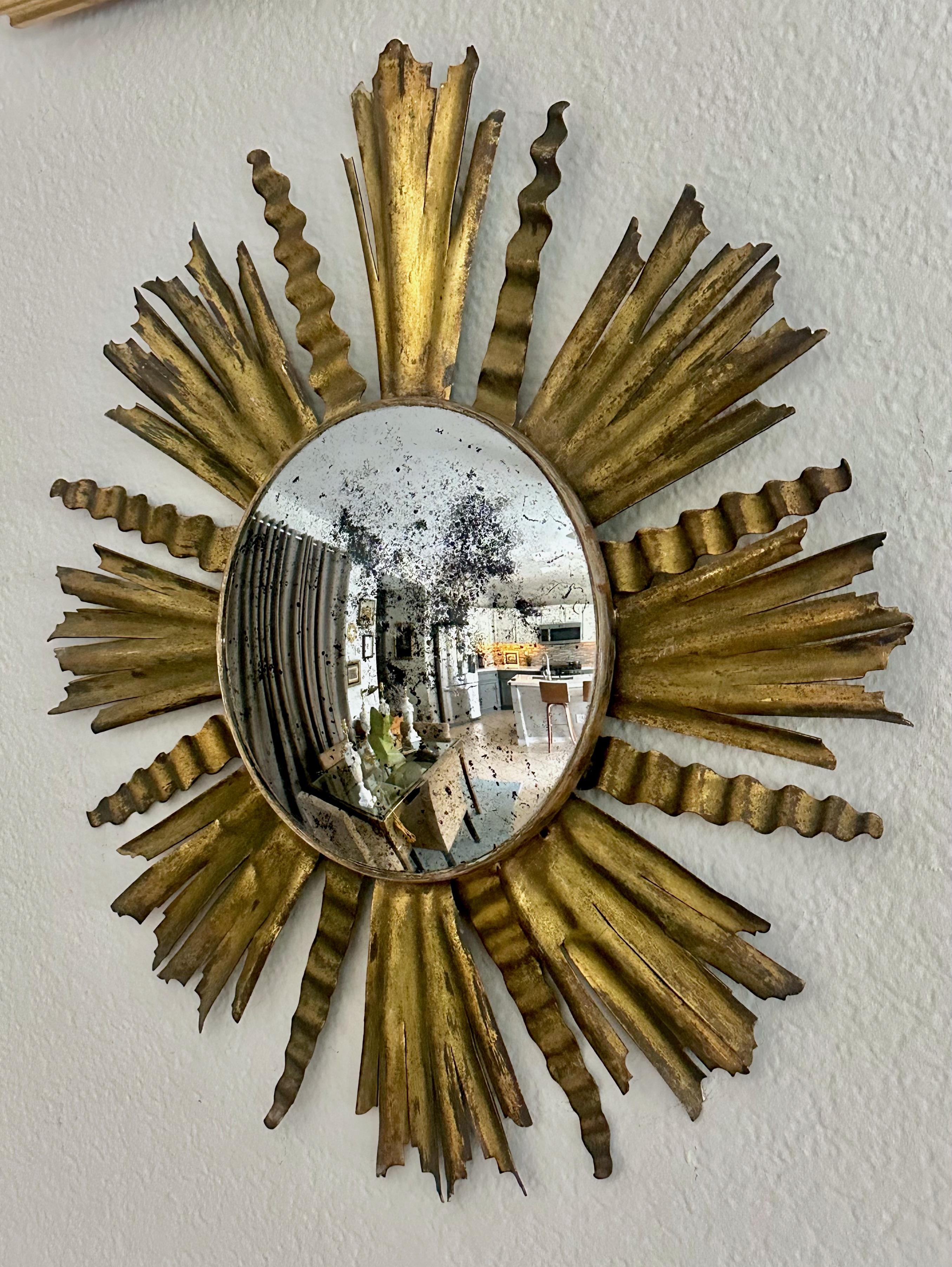 Sunburst Gilt Metal Oval Convex Wall Art Mirror For Sale 1