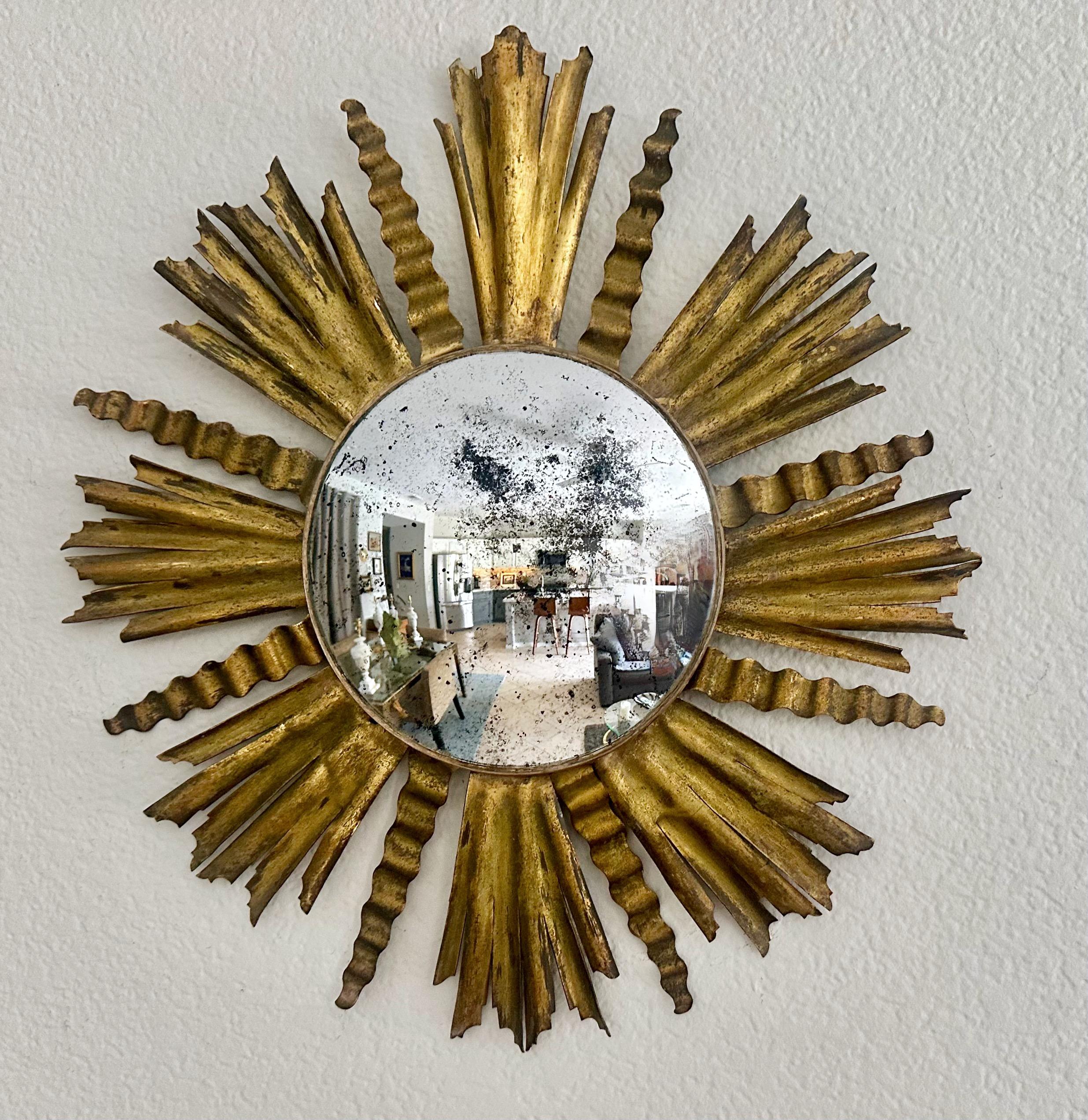 Sunburst Gilt Metal Oval Convex Wall Art Mirror For Sale 3