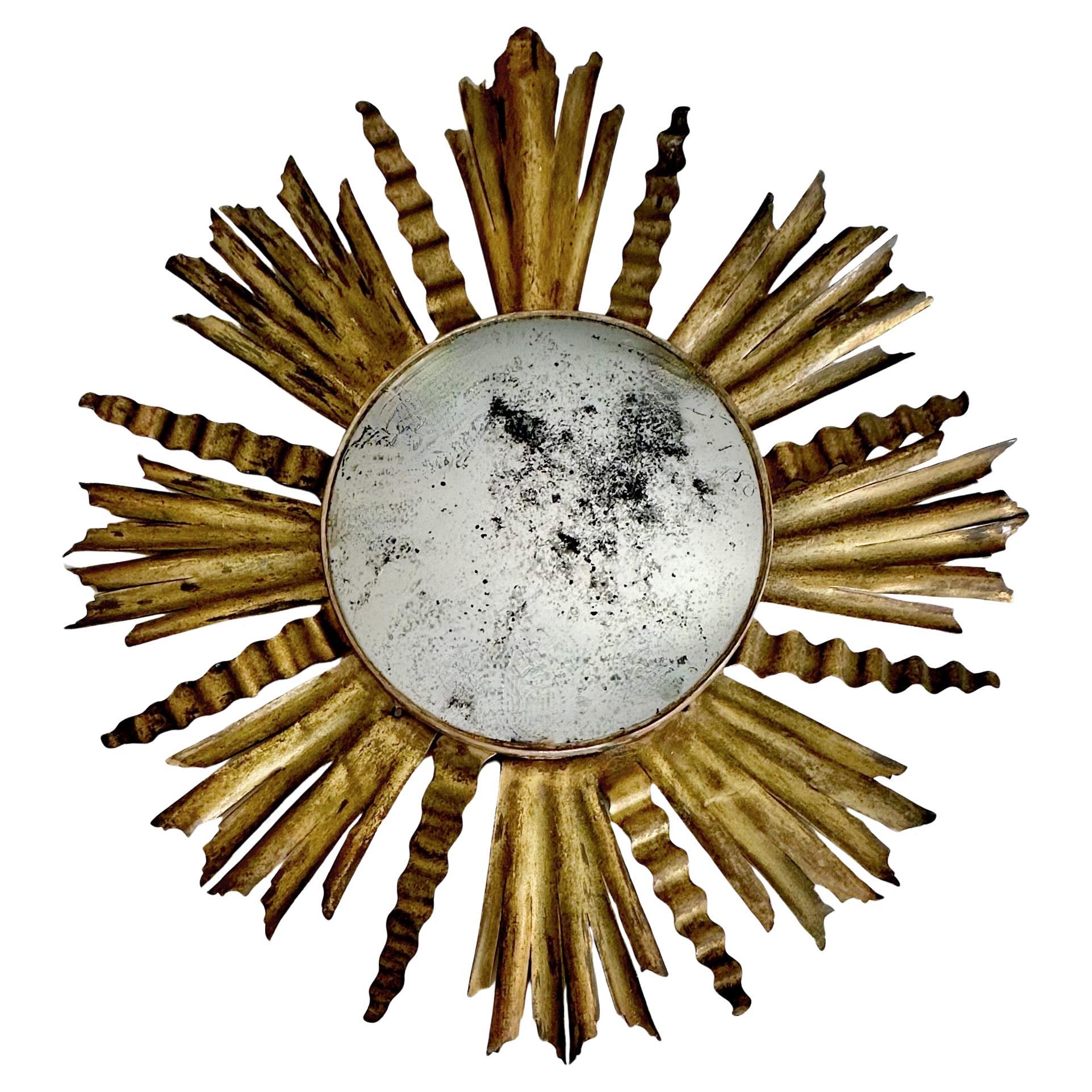 Sunburst Gilt Metal Oval Convex Wall Art Mirror For Sale