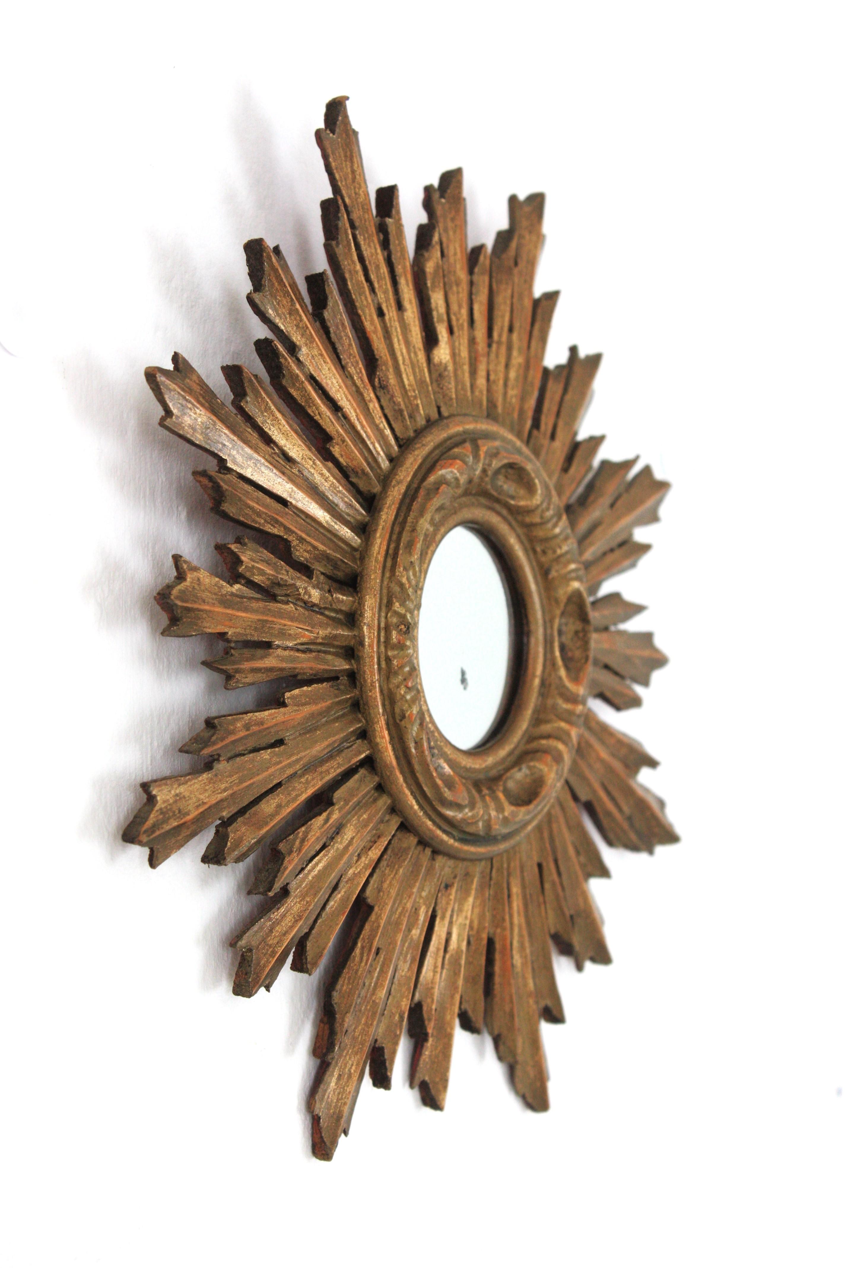 20th Century Sunburst Giltwood Mirror in Small Scale, Spanish Baroque  For Sale