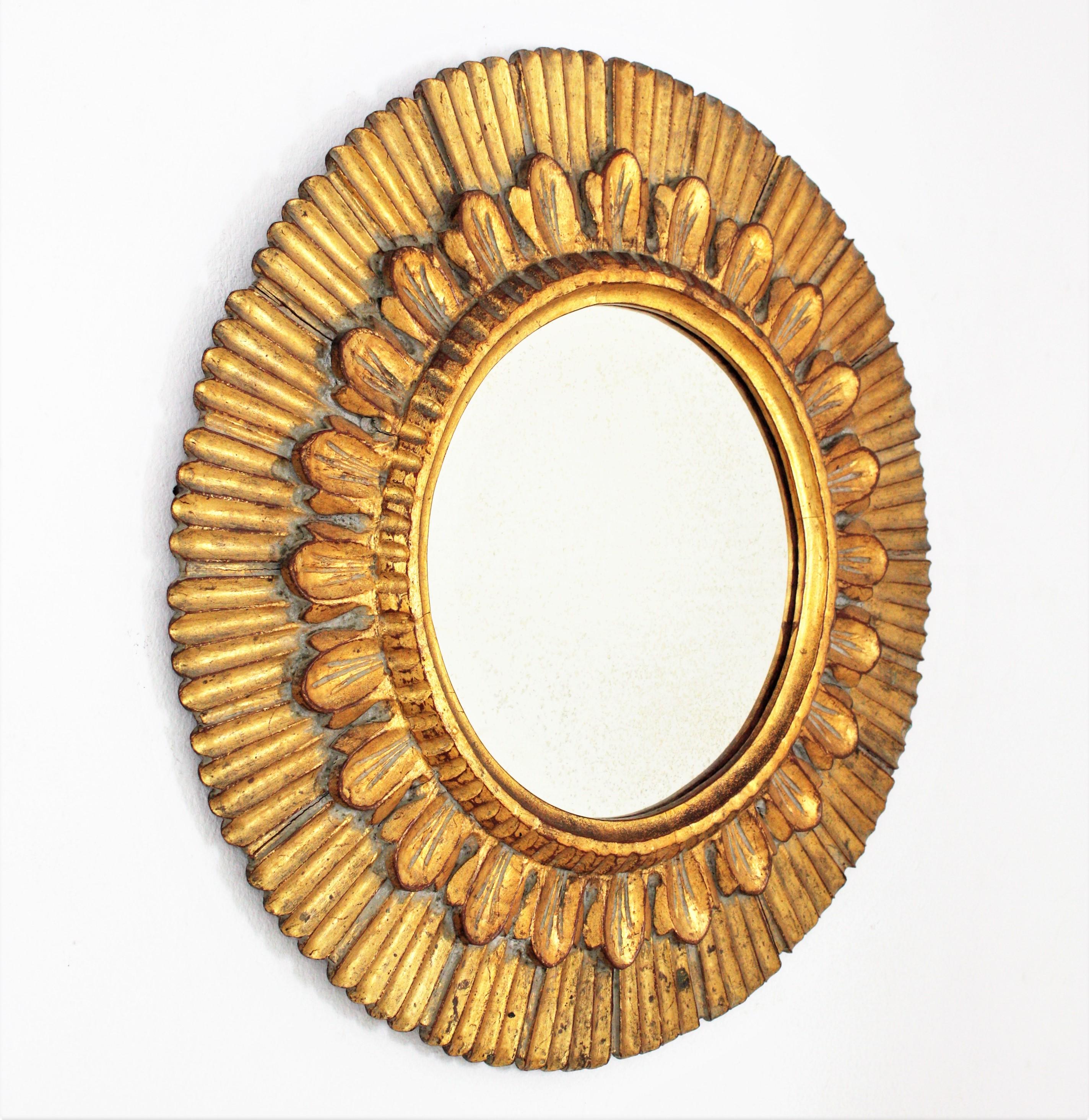 Hollywood Regency Spanish Sunburst Giltwood Round Wall Mirror For Sale