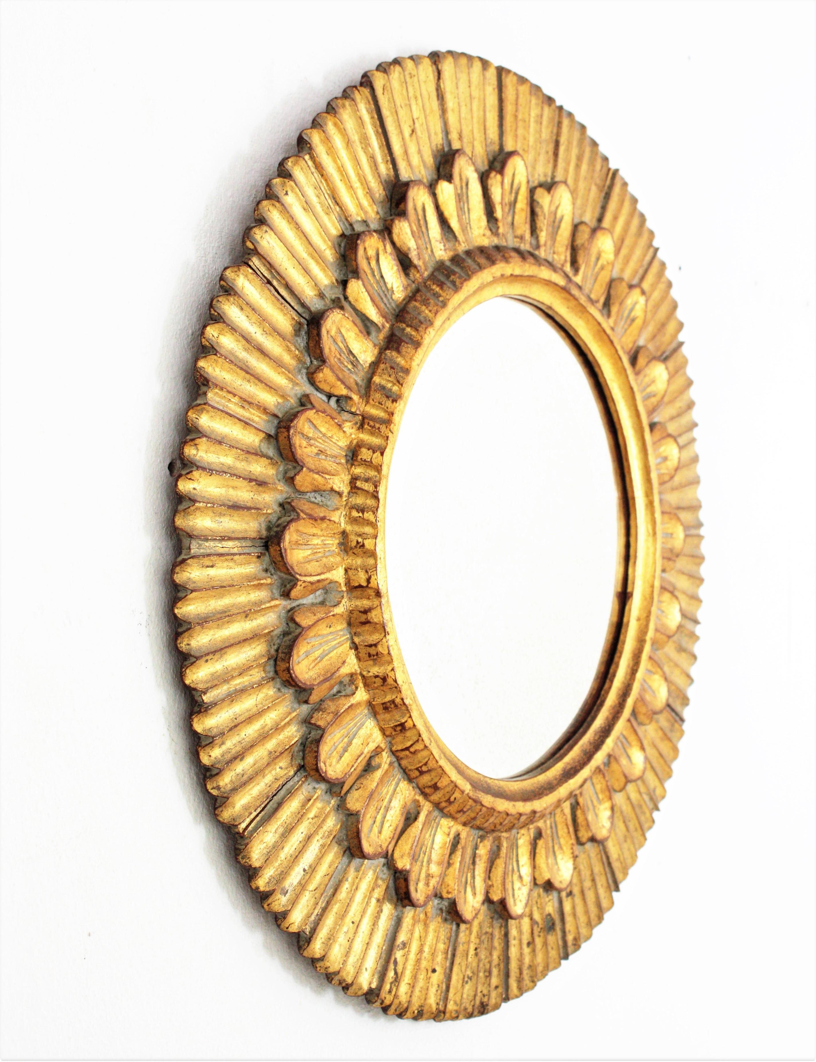 Carved Spanish Sunburst Giltwood Round Wall Mirror For Sale