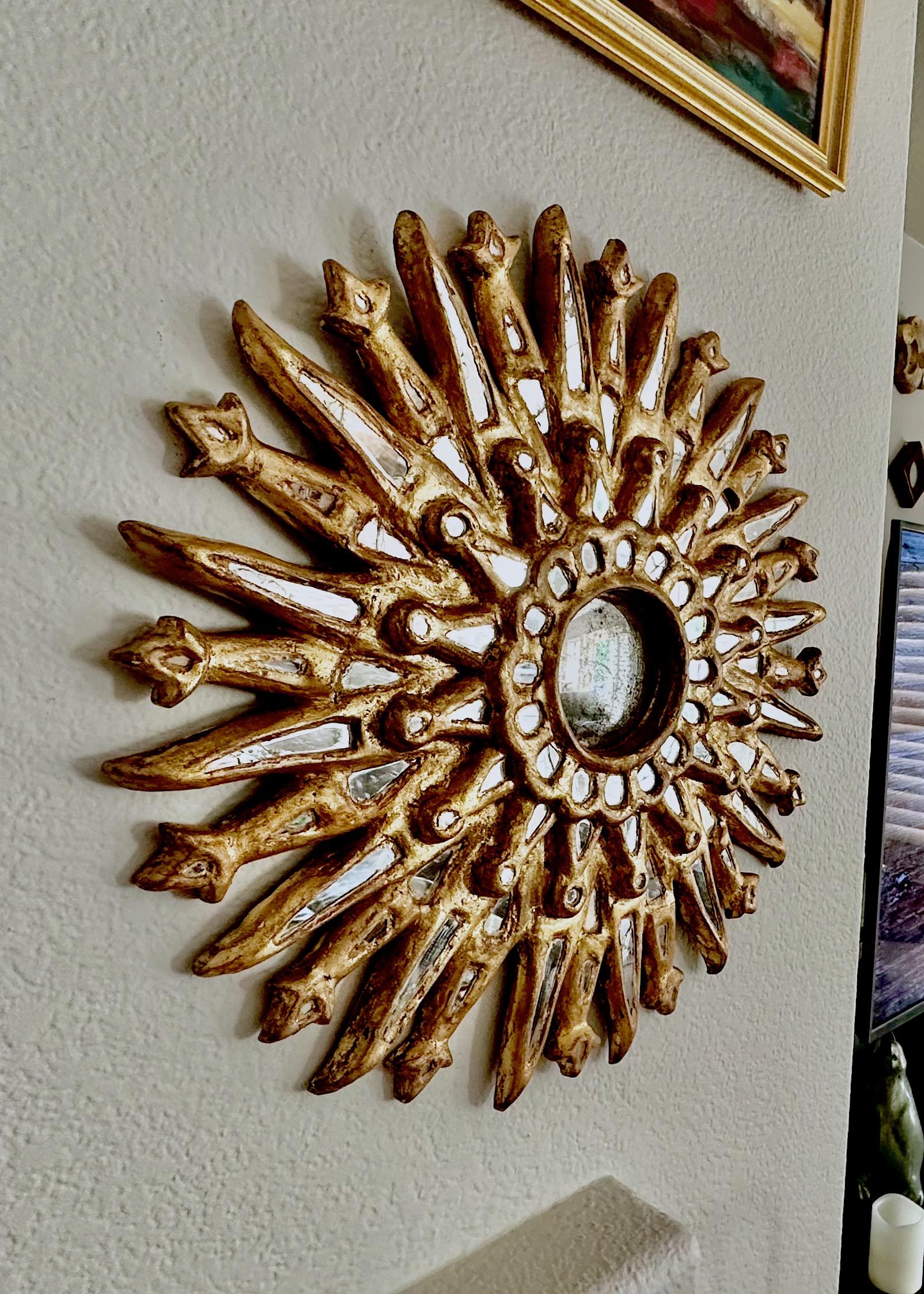 Sunburst Giltwood Spanish Colonial Convex Wall Mirror For Sale 7