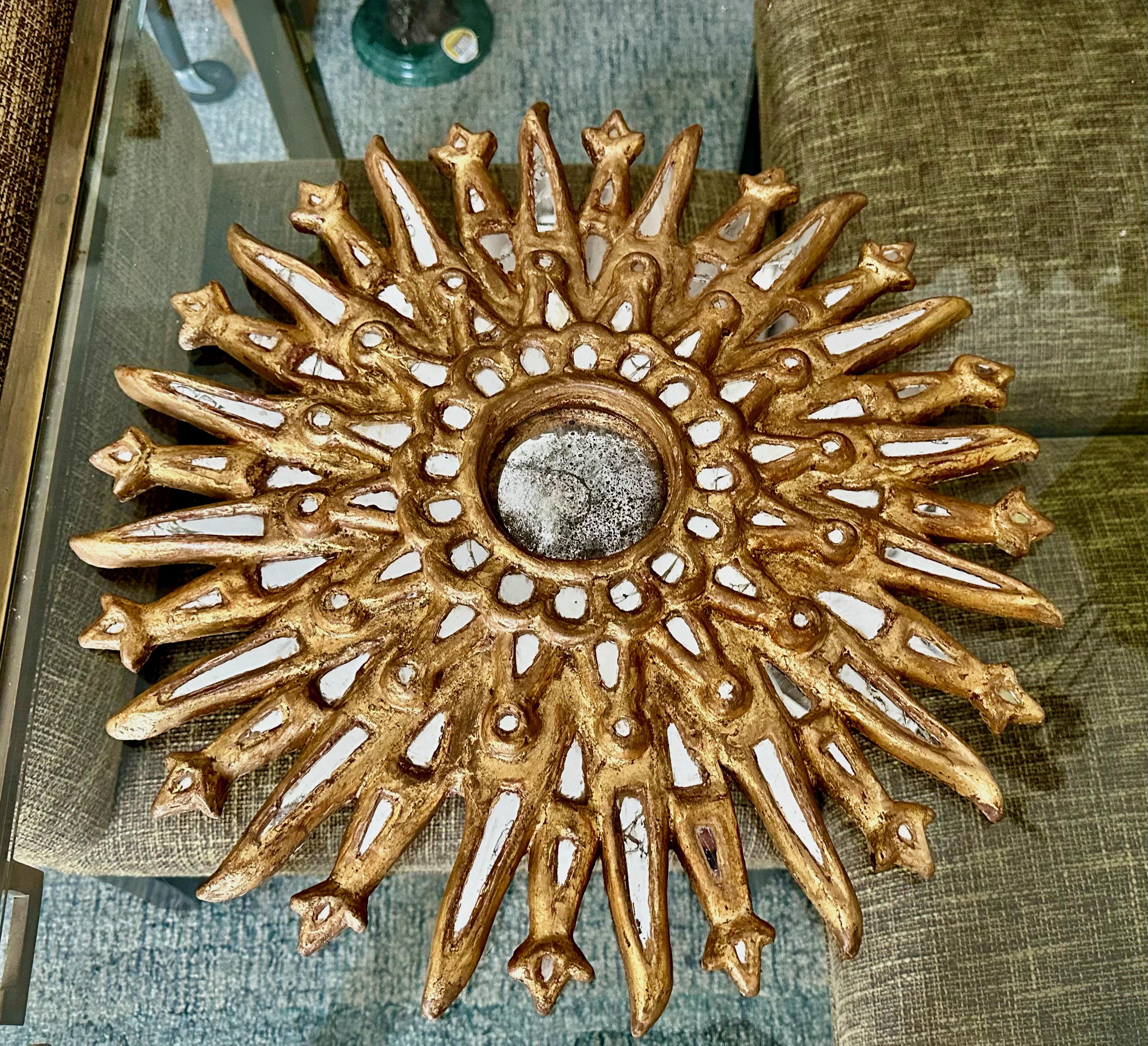 Peruvian Sunburst Giltwood Spanish Colonial Convex Wall Mirror For Sale