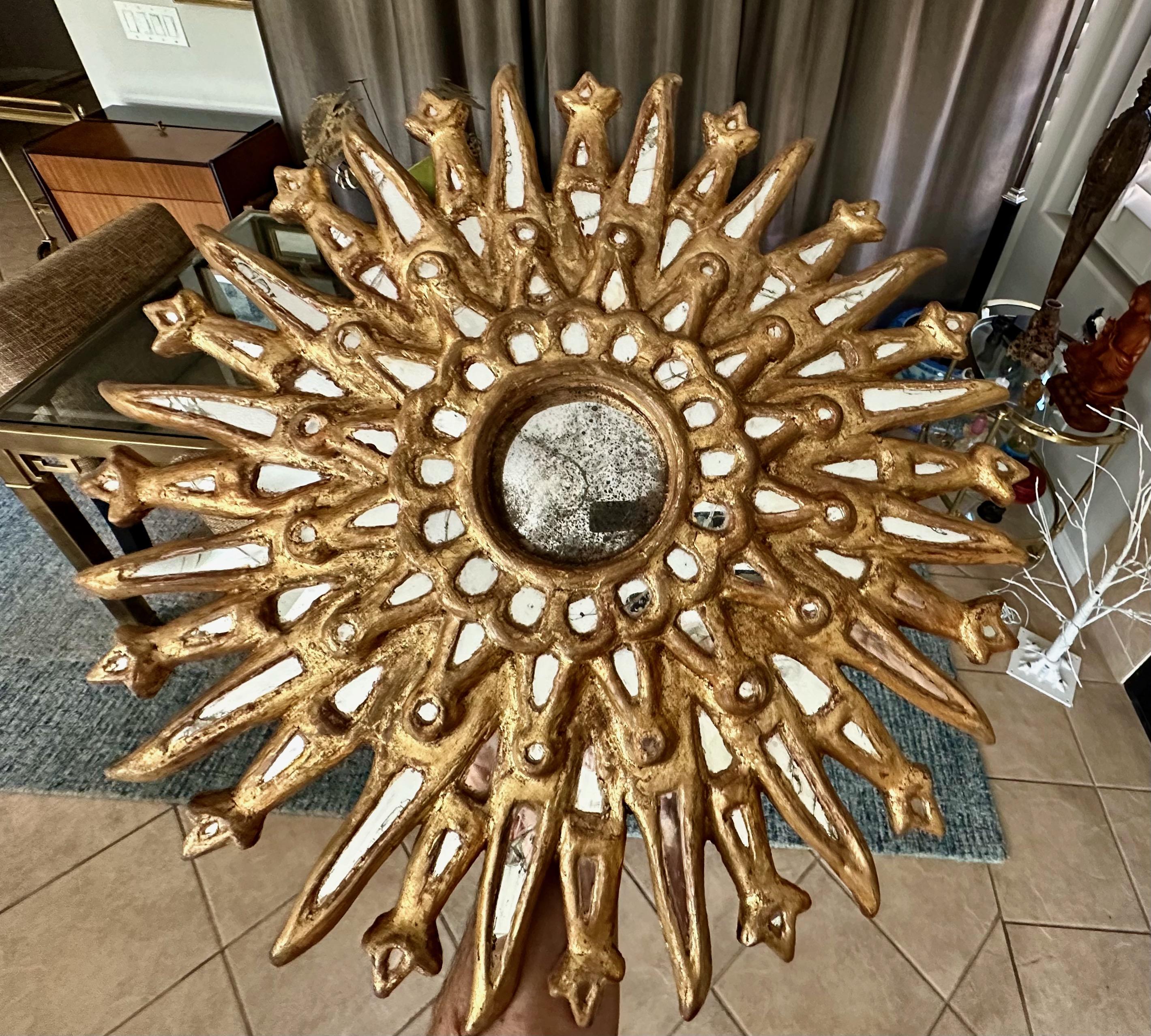 Sunburst Giltwood Spanish Colonial Convex Wall Mirror For Sale 1