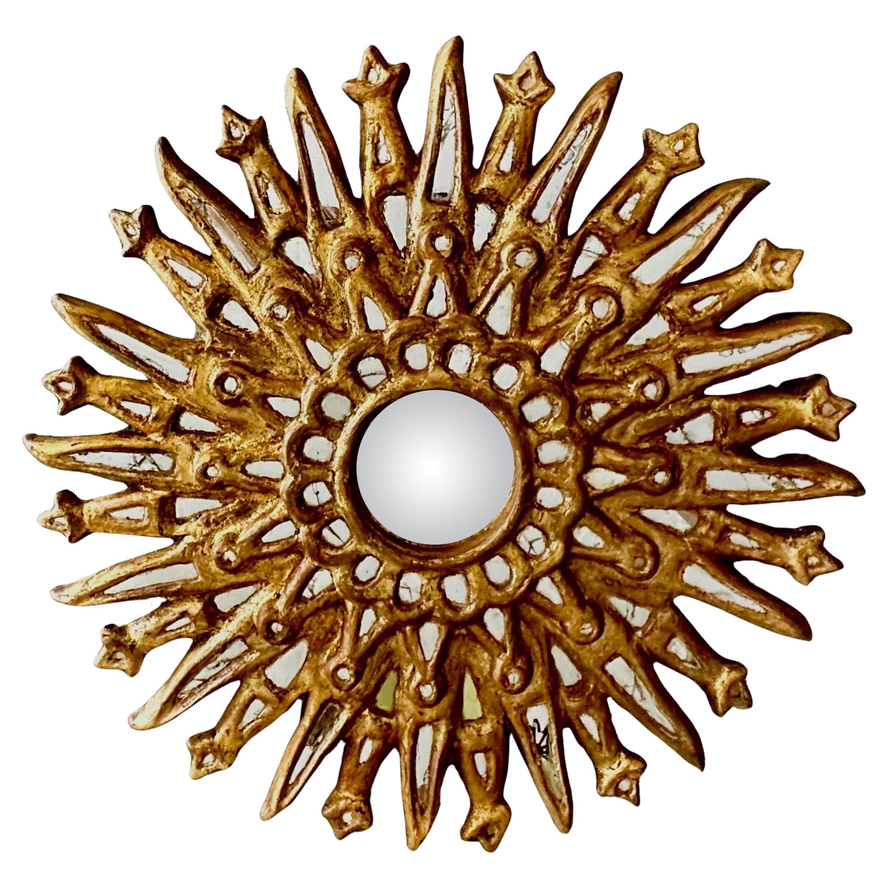 Sunburst Giltwood Spanish Colonial Convex Wall Mirror For Sale