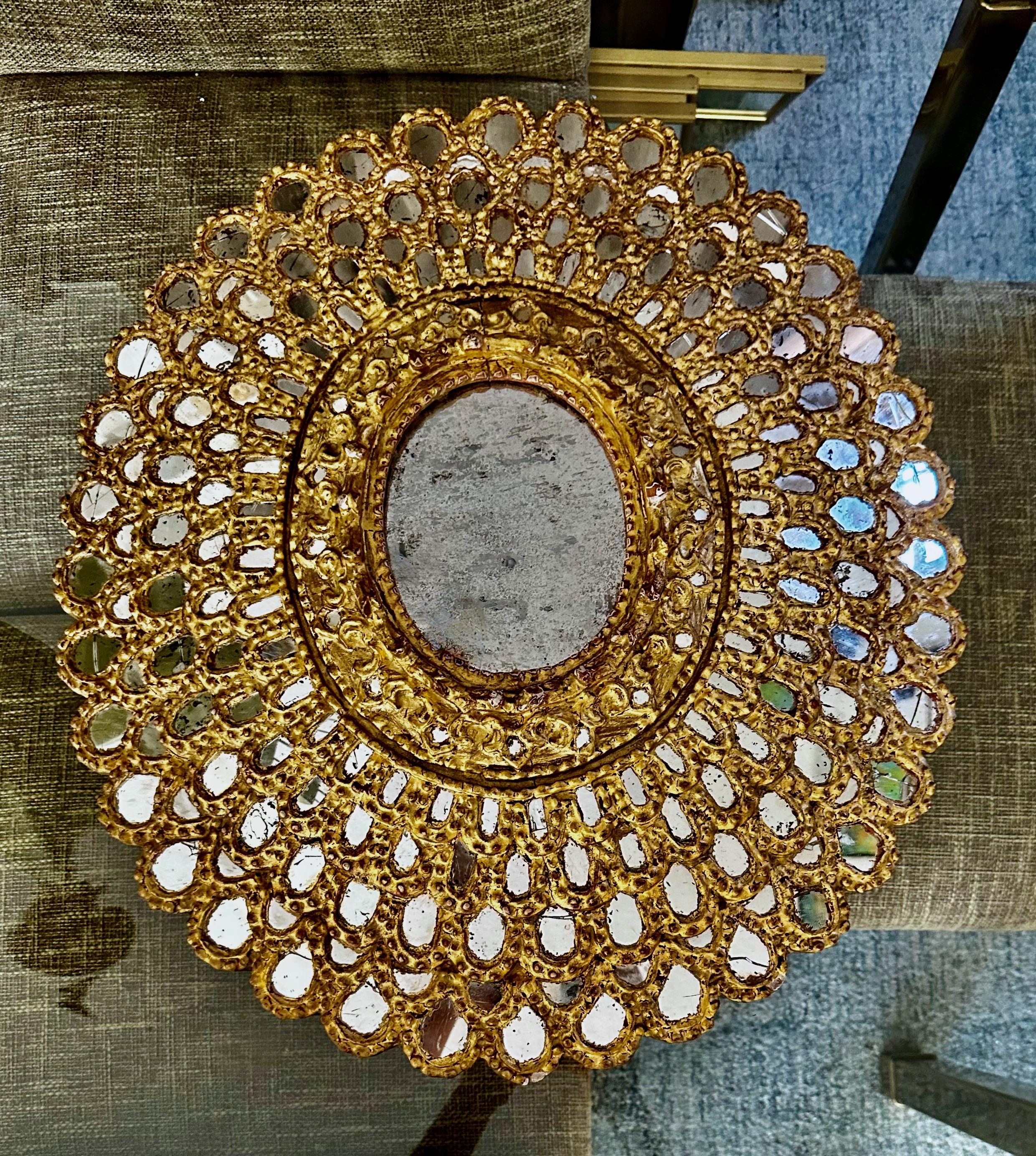 Sunburst Giltwood Spanish Colonial Peacock Wall Mirror For Sale 8