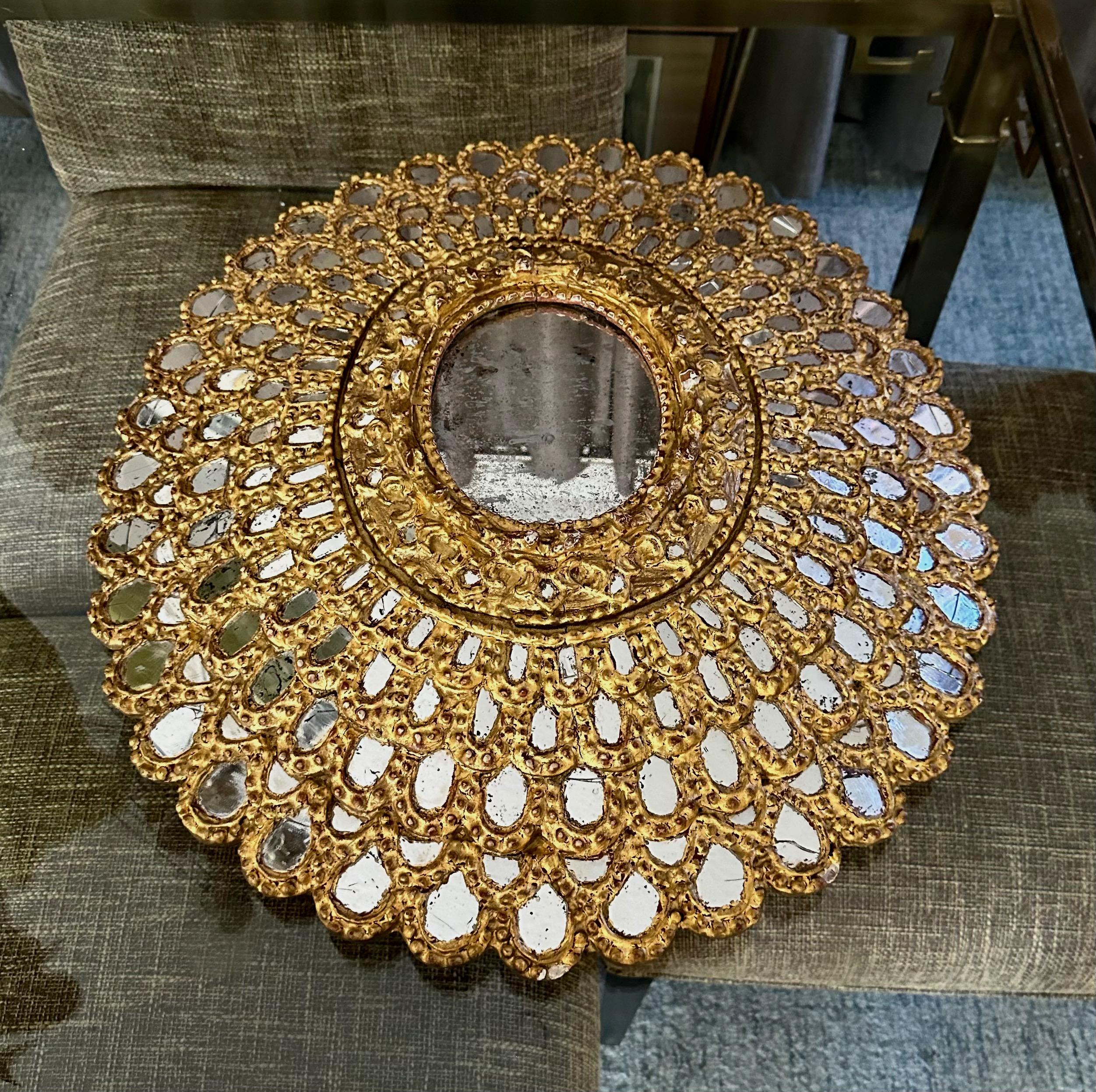 Sunburst Giltwood Spanish Colonial Peacock Wall Mirror For Sale 10