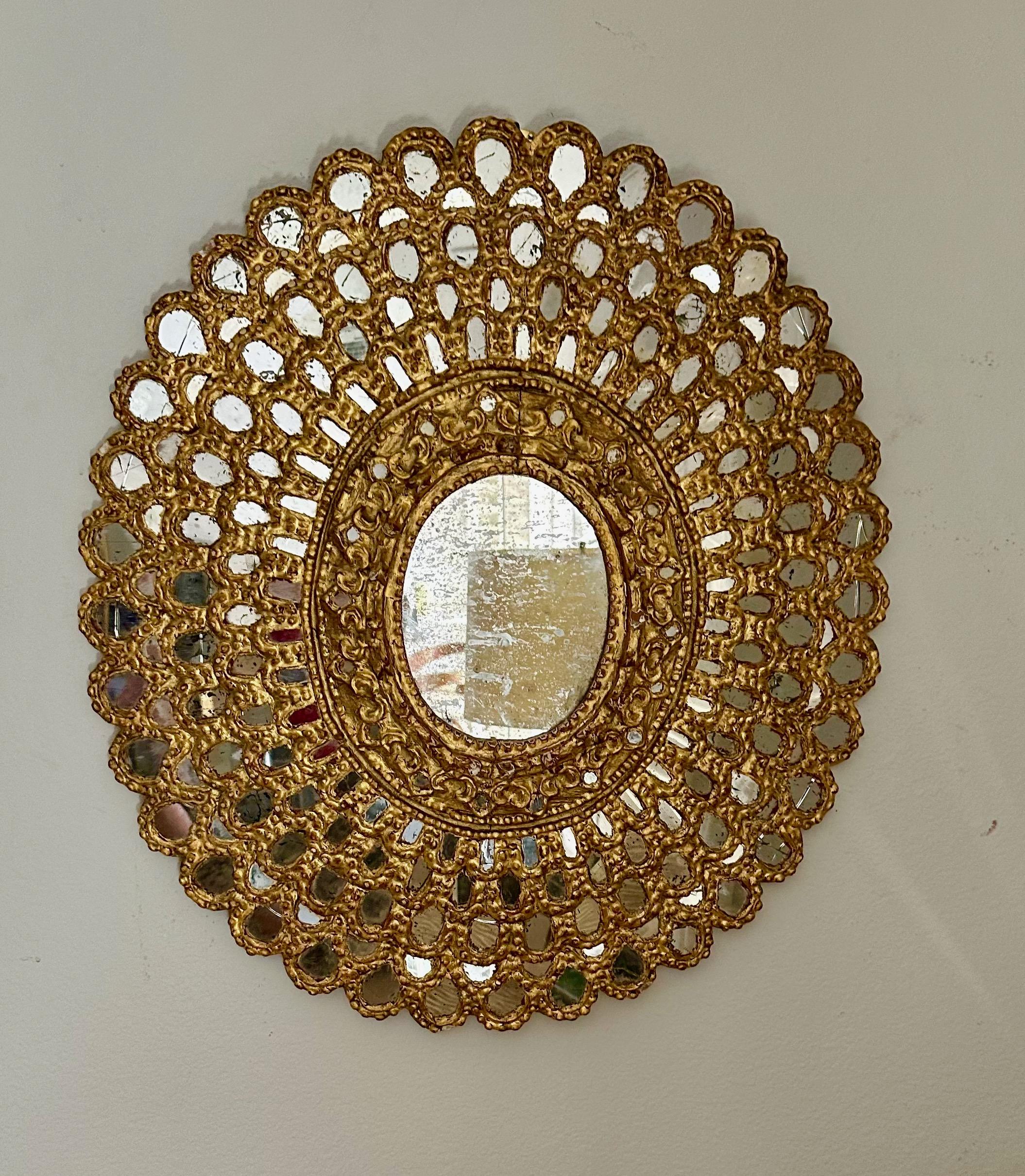 Sunburst Giltwood Spanish Colonial Peacock Wall Mirror For Sale 11