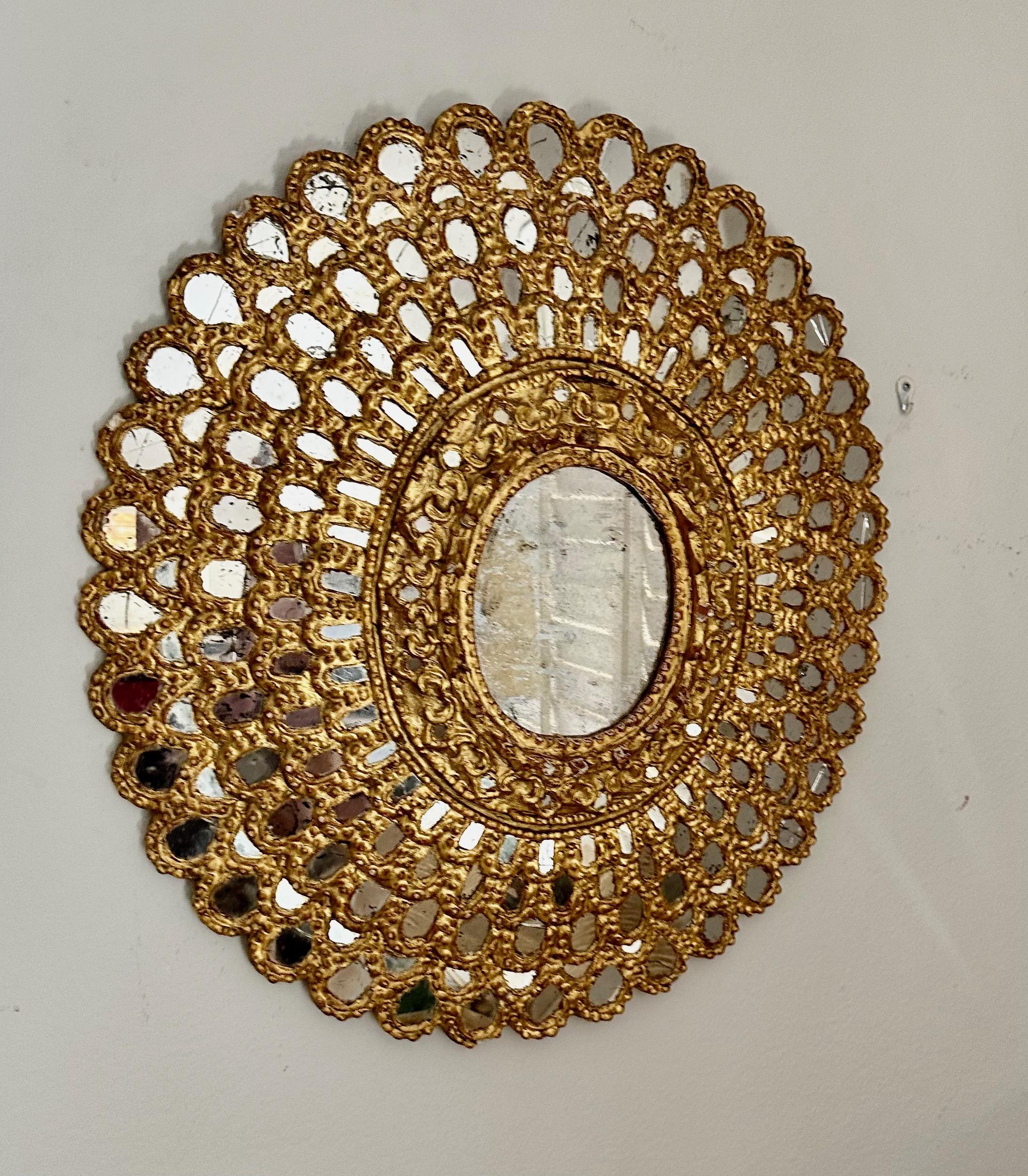 Peruvian Sunburst Giltwood Spanish Colonial Peacock Wall Mirror For Sale