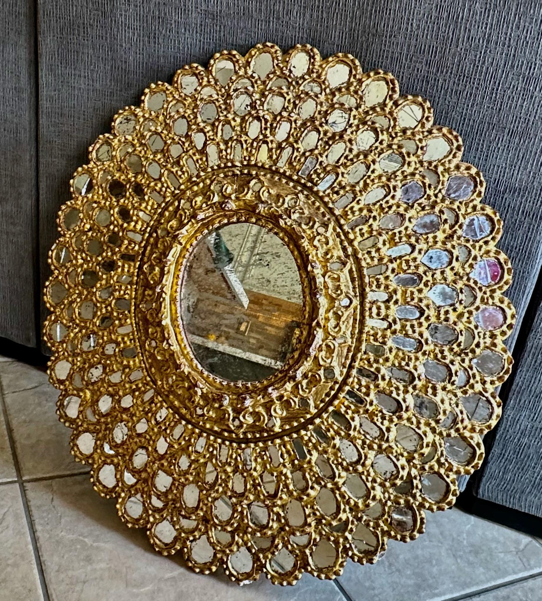Mid-20th Century Sunburst Giltwood Spanish Colonial Peacock Wall Mirror For Sale