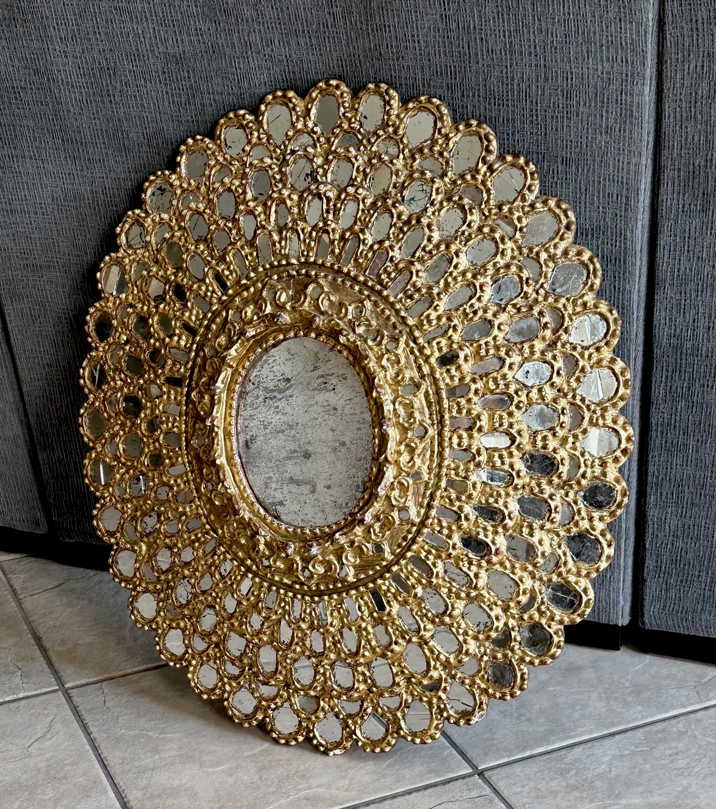 Sunburst Giltwood Spanish Colonial Peacock Wall Mirror For Sale 1