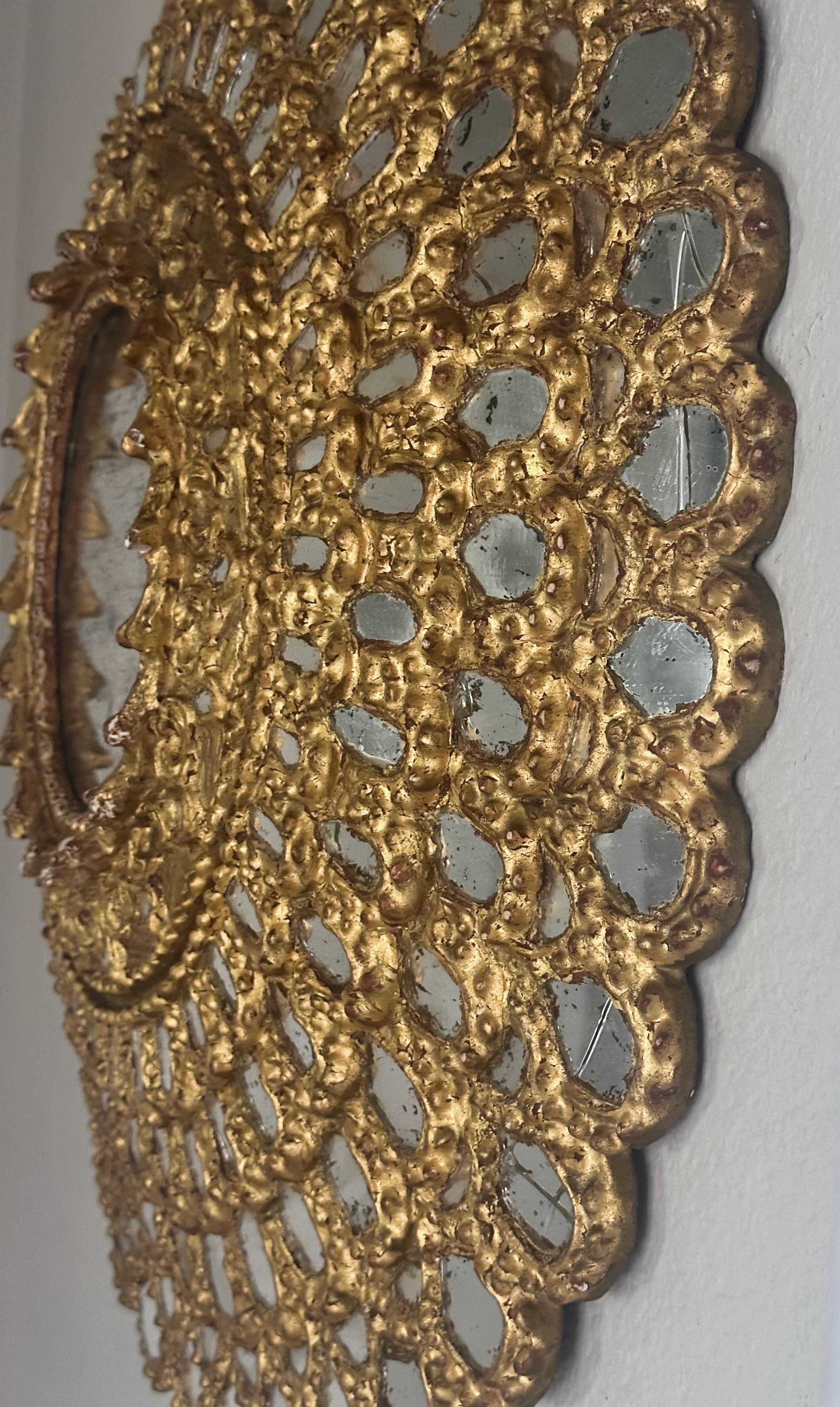 Sunburst Giltwood Spanish Colonial Peacock Wall Mirror For Sale 4