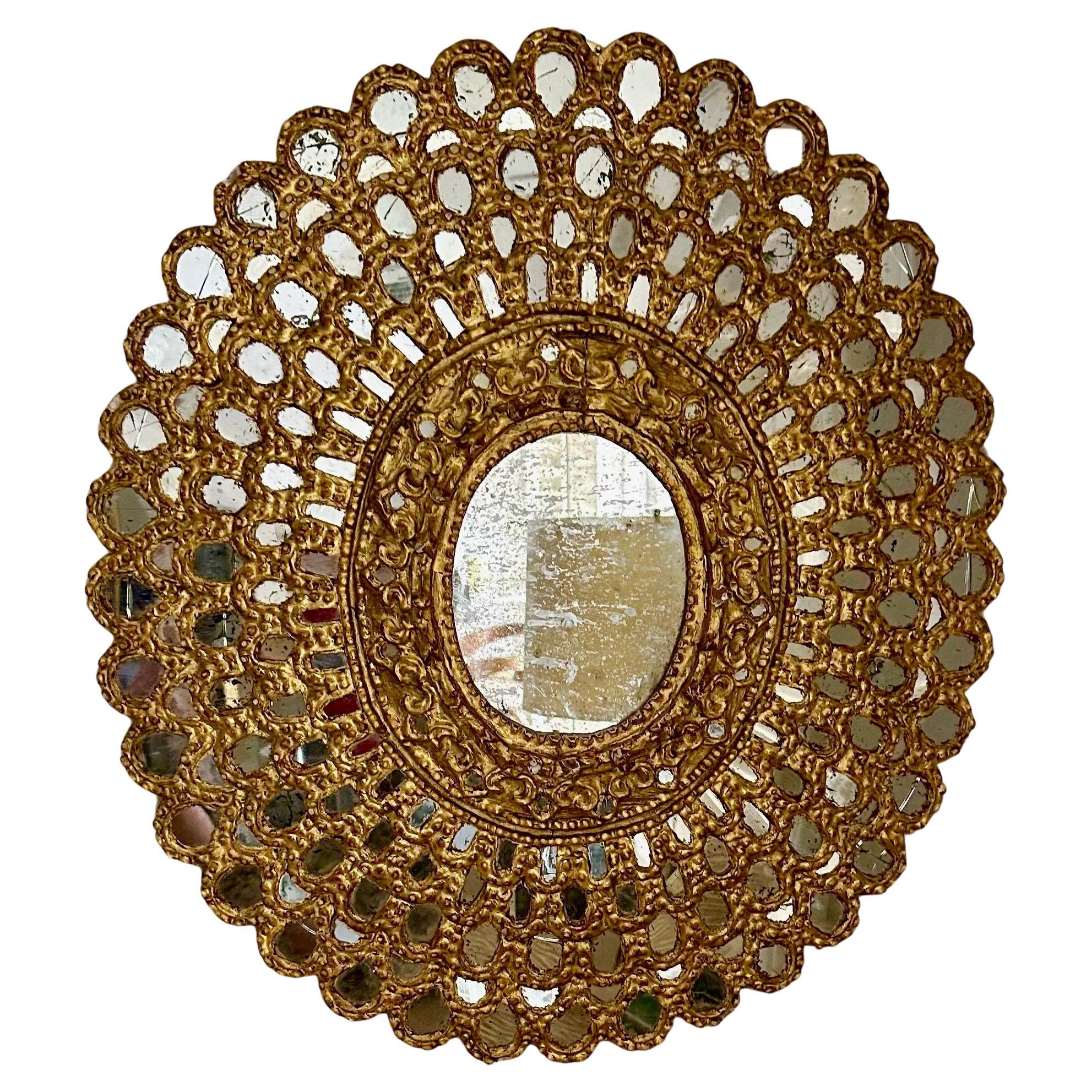 Sunburst Giltwood Spanish Colonial Peacock Wall Mirror