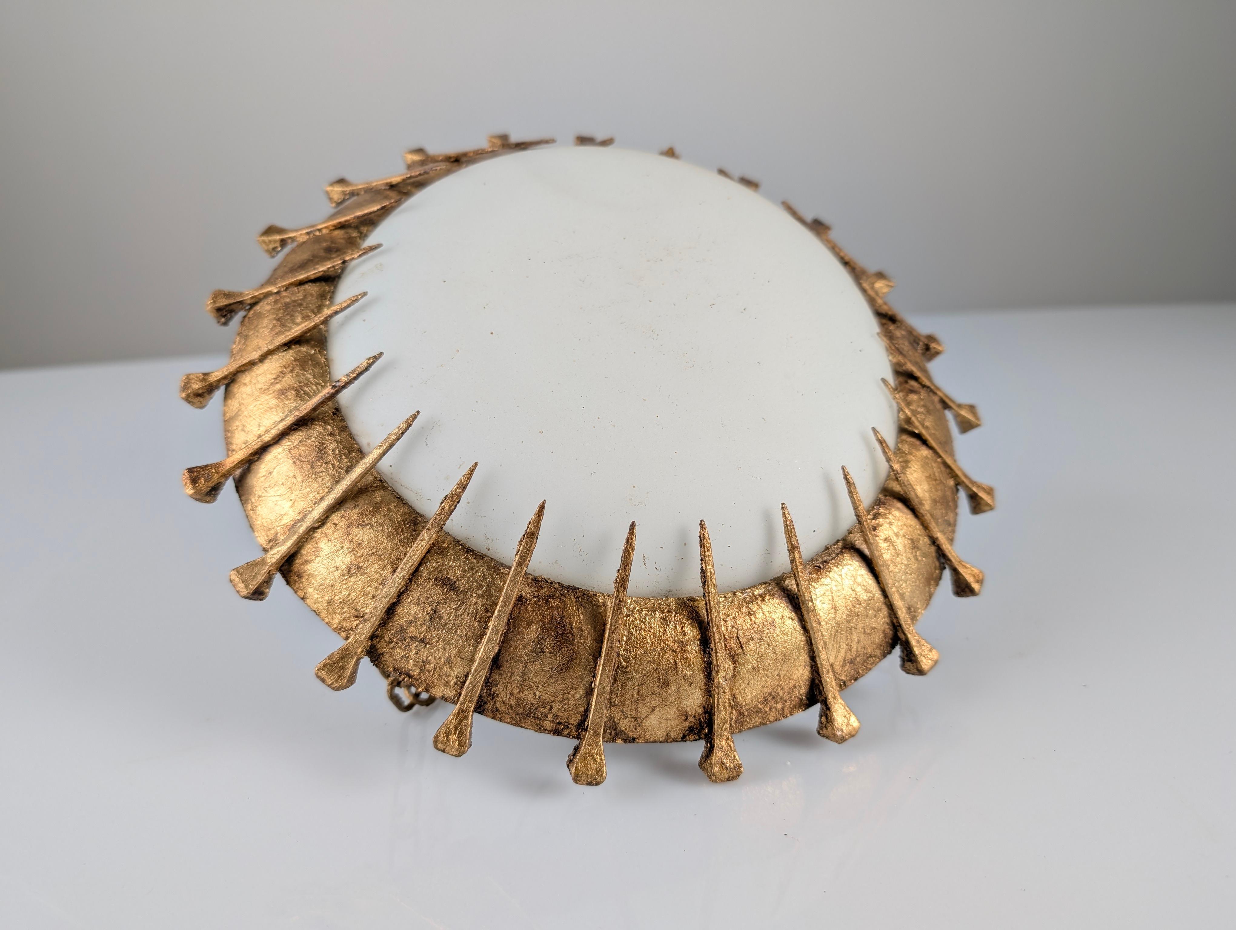 Mid-Century Modern Sunburst Lamp with Forged Nails and Gold Leaf and Opaline, 1940s