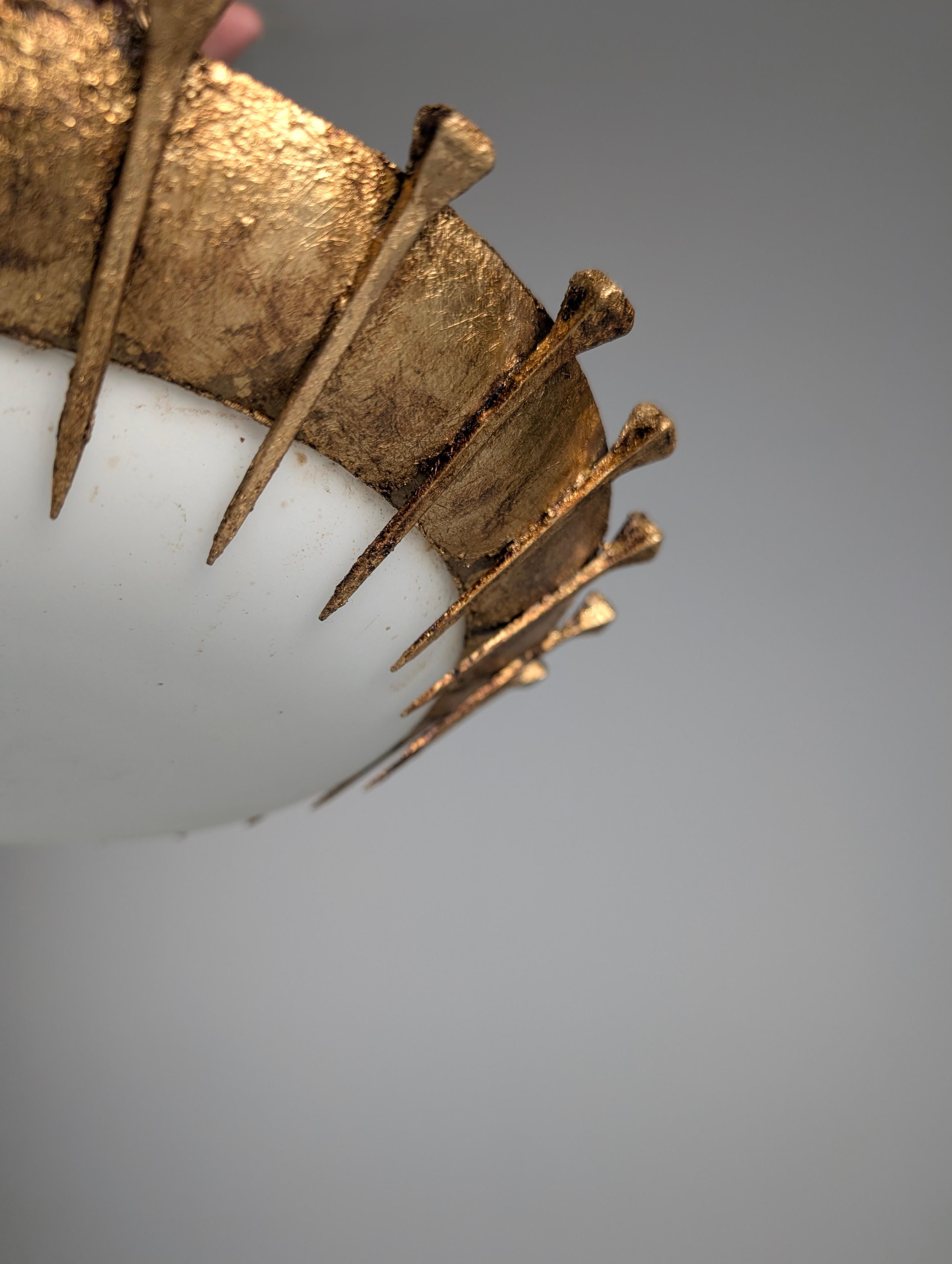 French Sunburst Lamp with Forged Nails and Gold Leaf and Opaline, 1940s