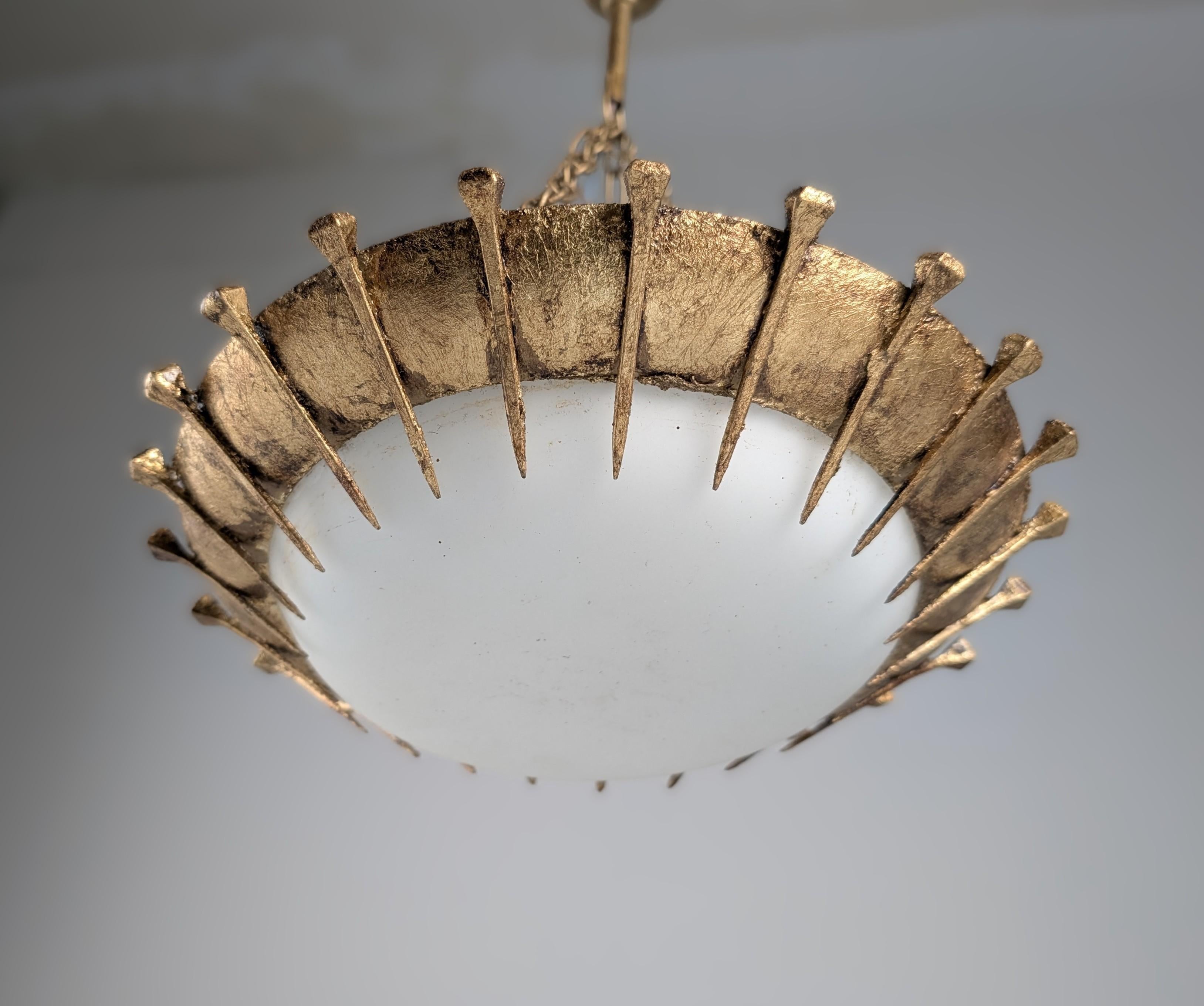 Sunburst Lamp with Forged Nails and Gold Leaf and Opaline, 1940s In Good Condition In Benalmadena, ES