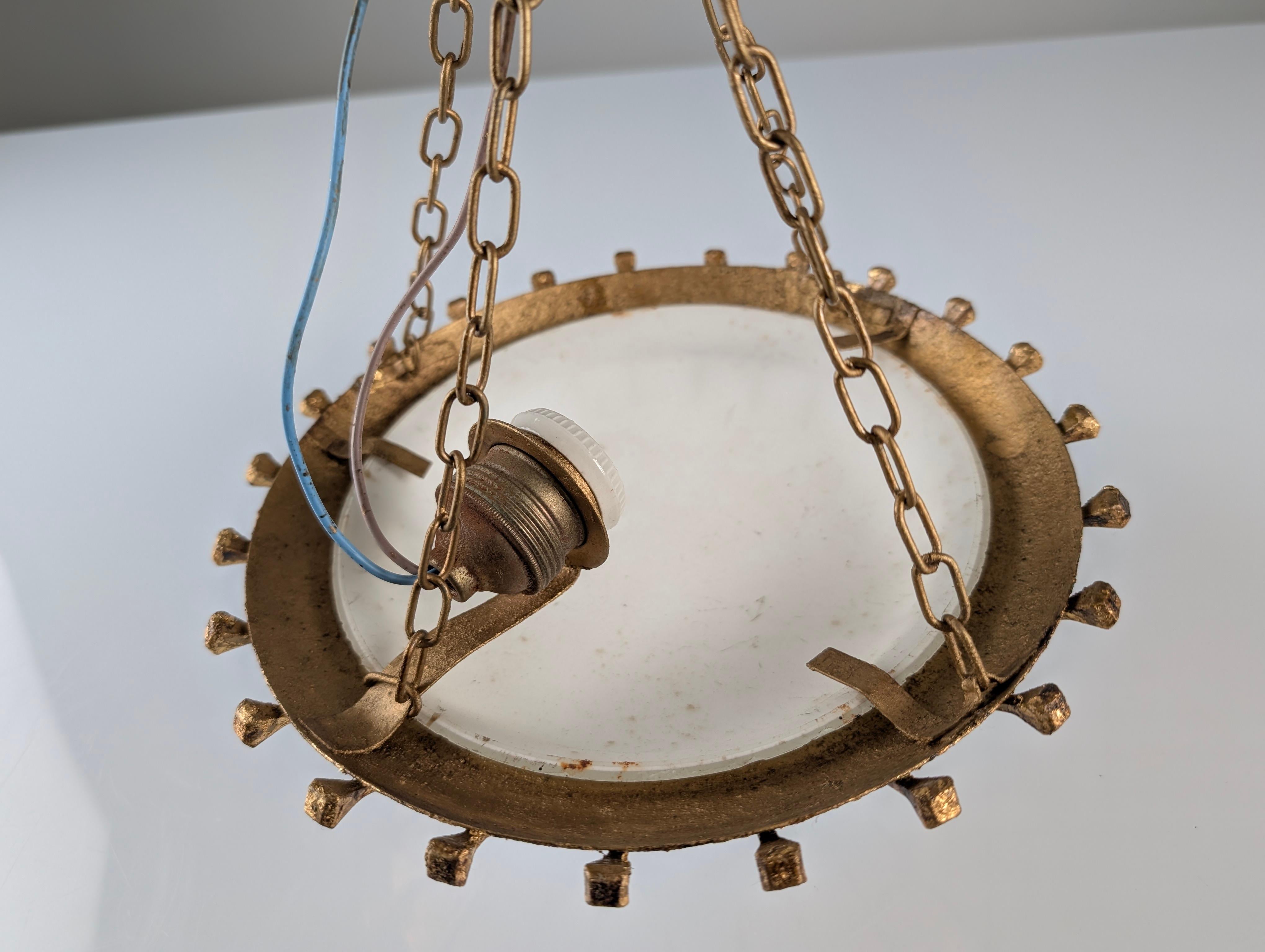 Mid-20th Century Sunburst Lamp with Forged Nails and Gold Leaf and Opaline, 1940s